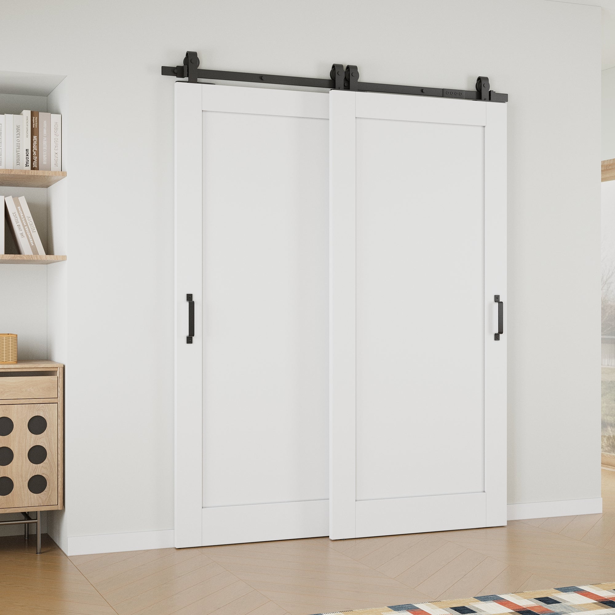 Ark Design Bypass Barn Door, 1-Lite Panel, Solid Core MDF & Pre-finished & Paintable Surface, With Hardware Kit Bypass, White