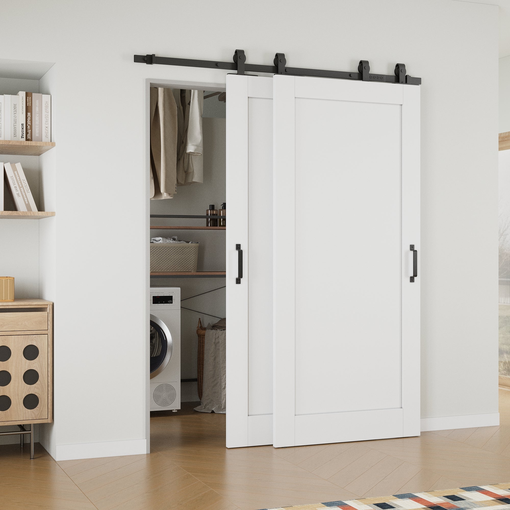 Ark Design Bypass Barn Door, 1-Lite Panel, Solid Core MDF & Pre-finished & Paintable Surface, With Hardware Kit Bypass, White