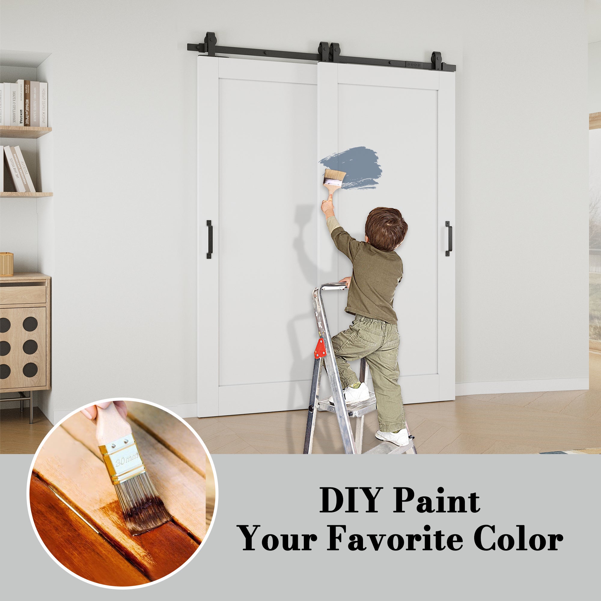 Ark Design Bypass Barn Door, 1-Lite Panel, Solid Core MDF & Pre-finished & Paintable Surface, With Hardware Kit Bypass, White