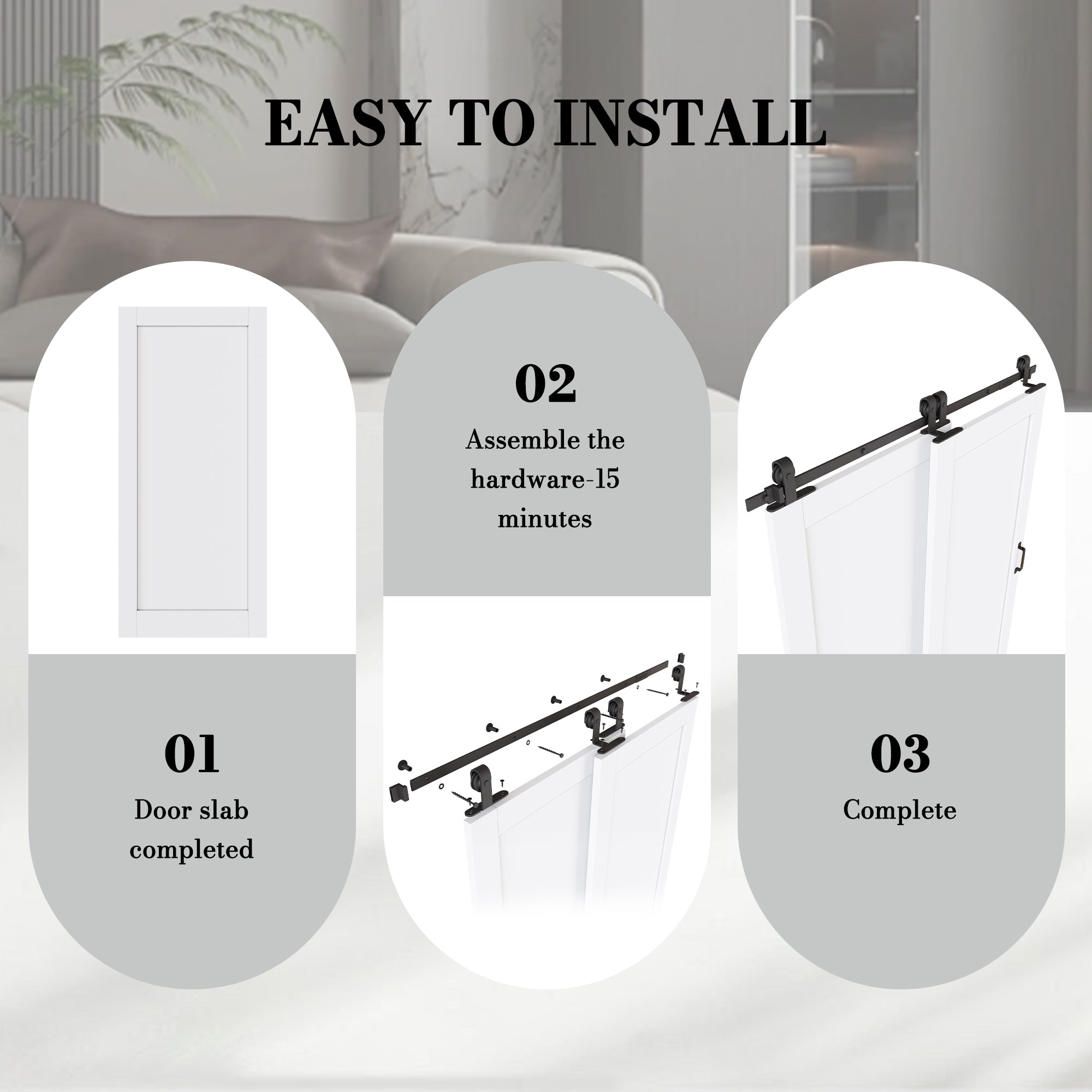 Ark Design Bypass Barn Door, 1-Lite Panel, Solid Core MDF & Pre-finished & Paintable Surface, With Hardware Kit Bypass, White