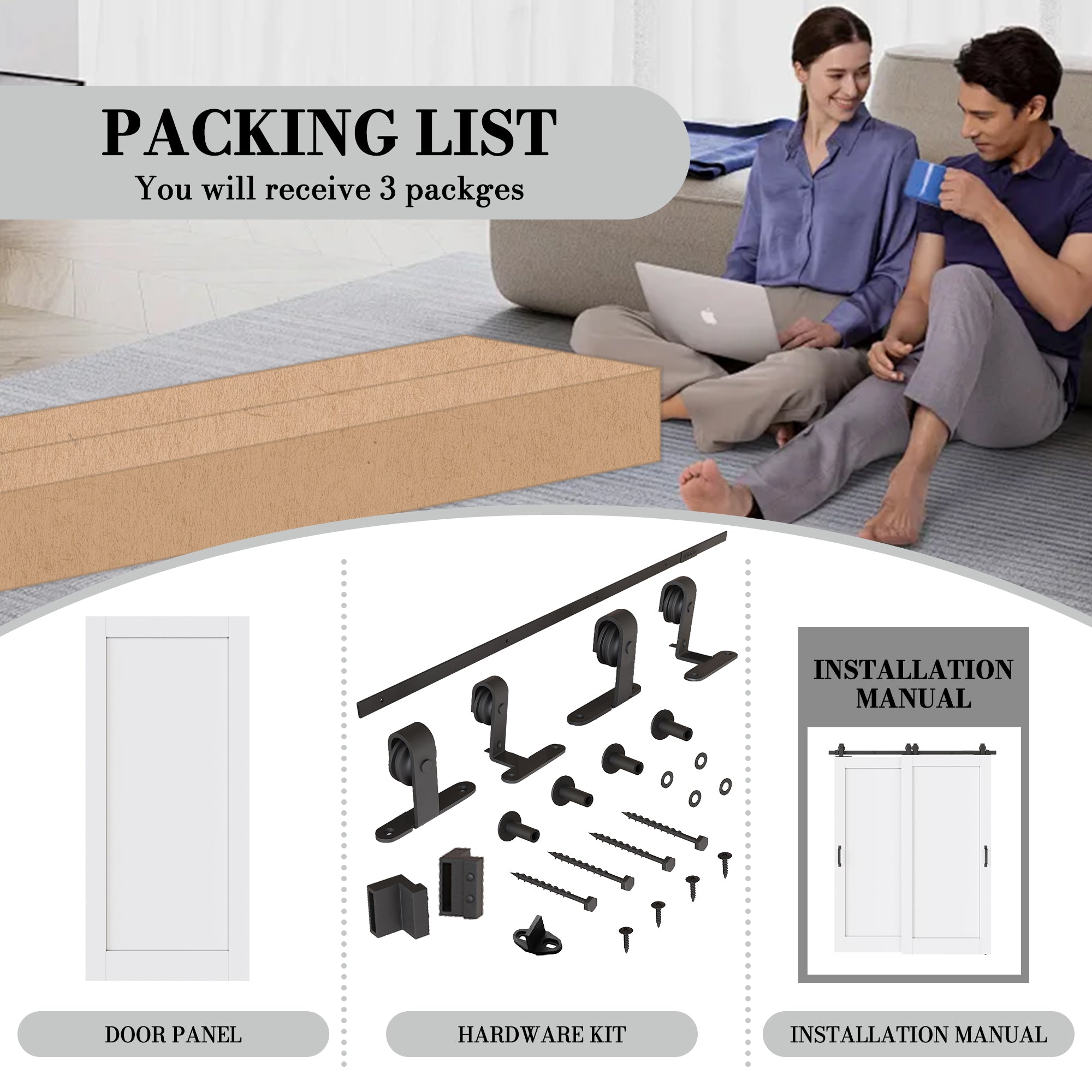 Ark Design Bypass Barn Door, 1-Lite Panel, Solid Core MDF & Pre-finished & Paintable Surface, With Hardware Kit Bypass, White