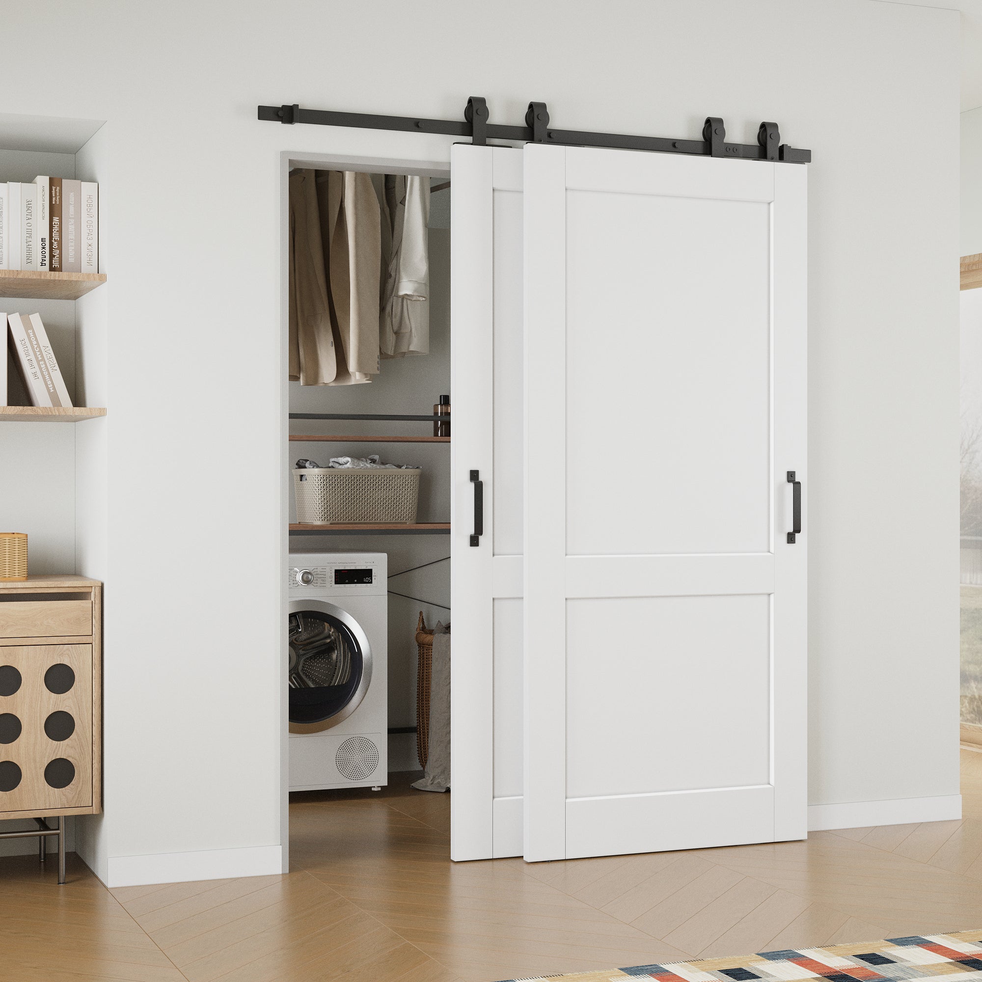 Ark Design Bypass Barn Door, 2-Lite Panel, Solid Core MDF & Pre-finished & Paintable Surface, With Hardware Kit Bypass, White
