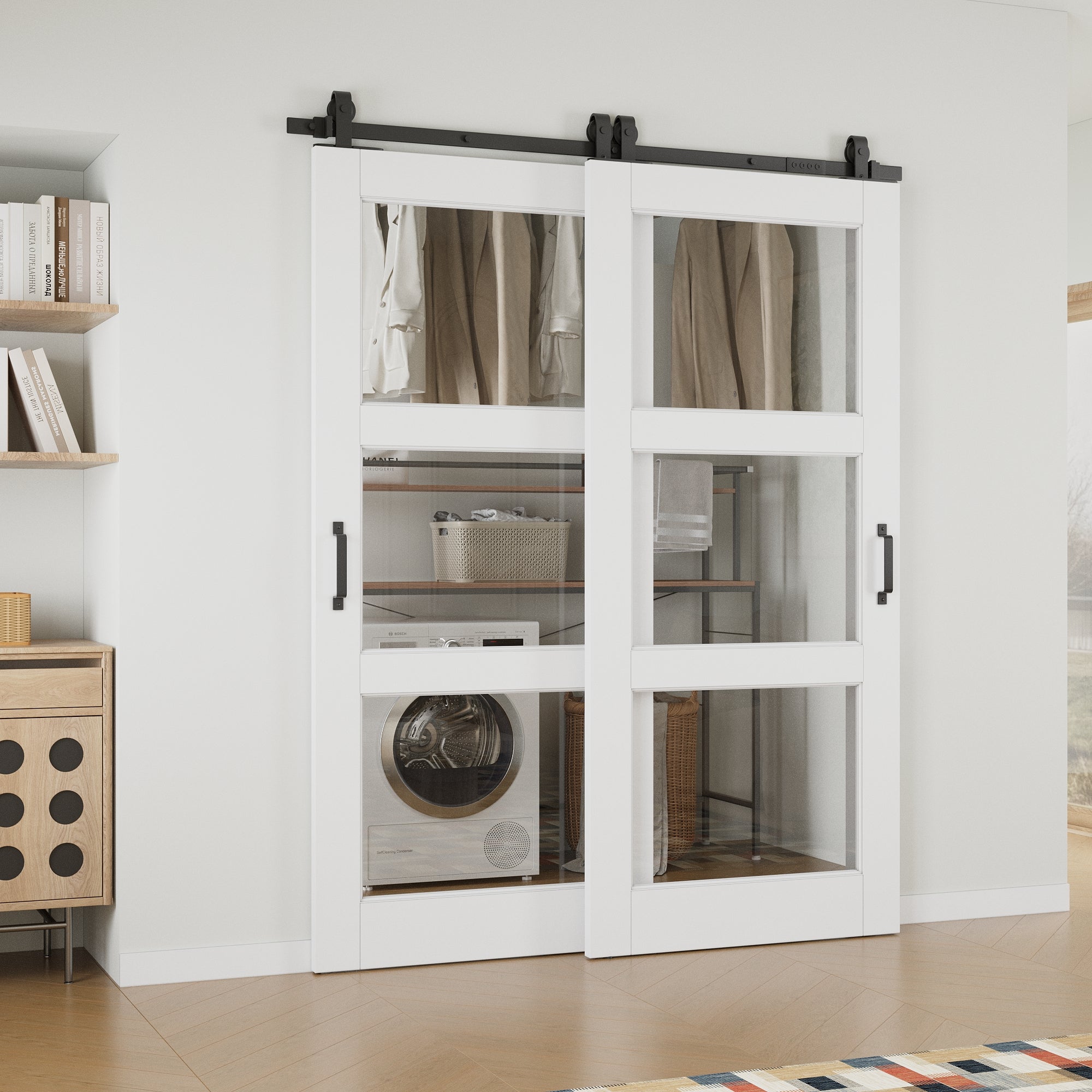 Ark Design Bypass Barn Door, 3-Lite Clear Glass, Solid Core MDF & Pre-finished & Paintable Surface, With Hardware Kit Bypass, White