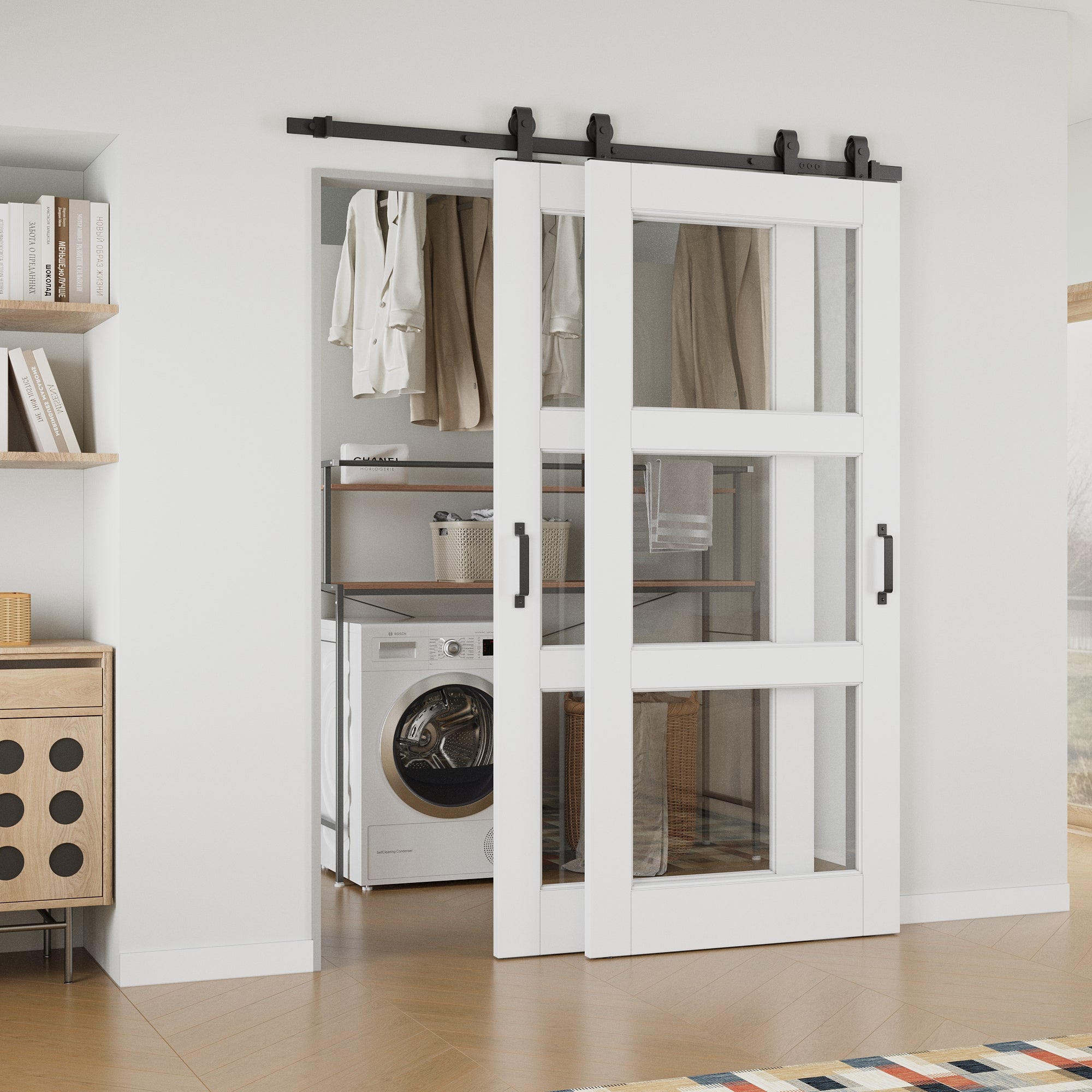 Ark Design Bypass Barn Door, 3-Lite Clear Glass, Solid Core MDF & Pre-finished & Paintable Surface, With Hardware Kit Bypass, White