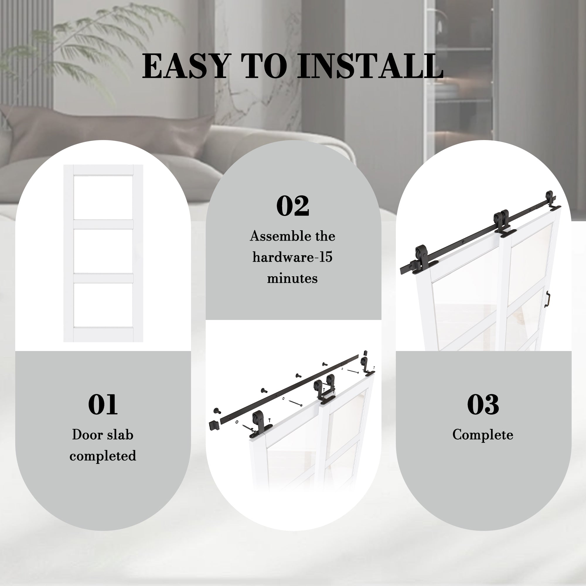 Ark Design Bypass Barn Door, 3-Lite Clear Glass, Solid Core MDF & Pre-finished & Paintable Surface, With Hardware Kit Bypass, White