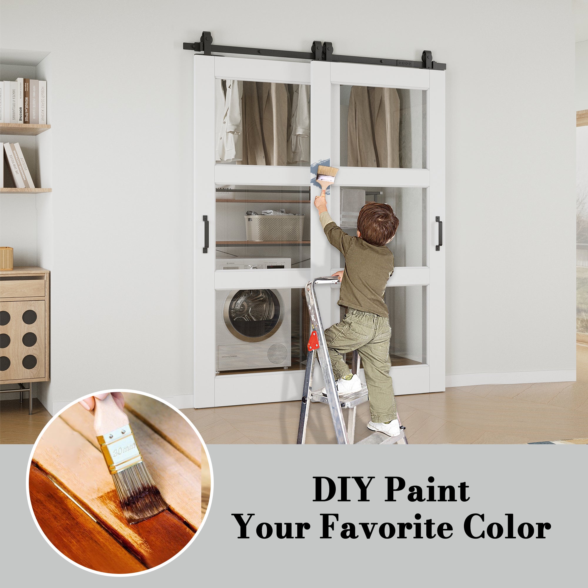 Ark Design Bypass Barn Door, 3-Lite Clear Glass, Solid Core MDF & Pre-finished & Paintable Surface, With Hardware Kit Bypass, White