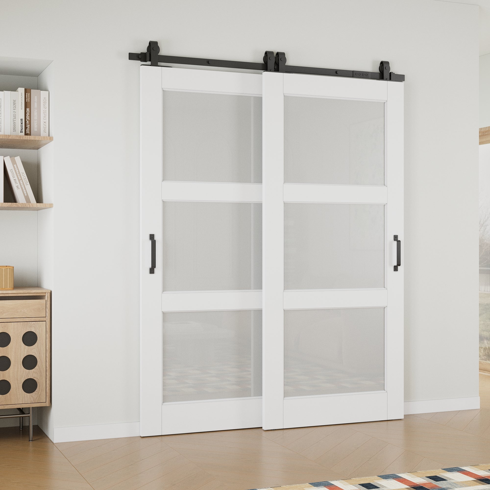 Ark Design Bypass Barn Door, 3-Lite Tempred Frosted Glass, Solid Core MDF & Pre-finished & Paintable Surface, With Hardware Kit Bypass, White