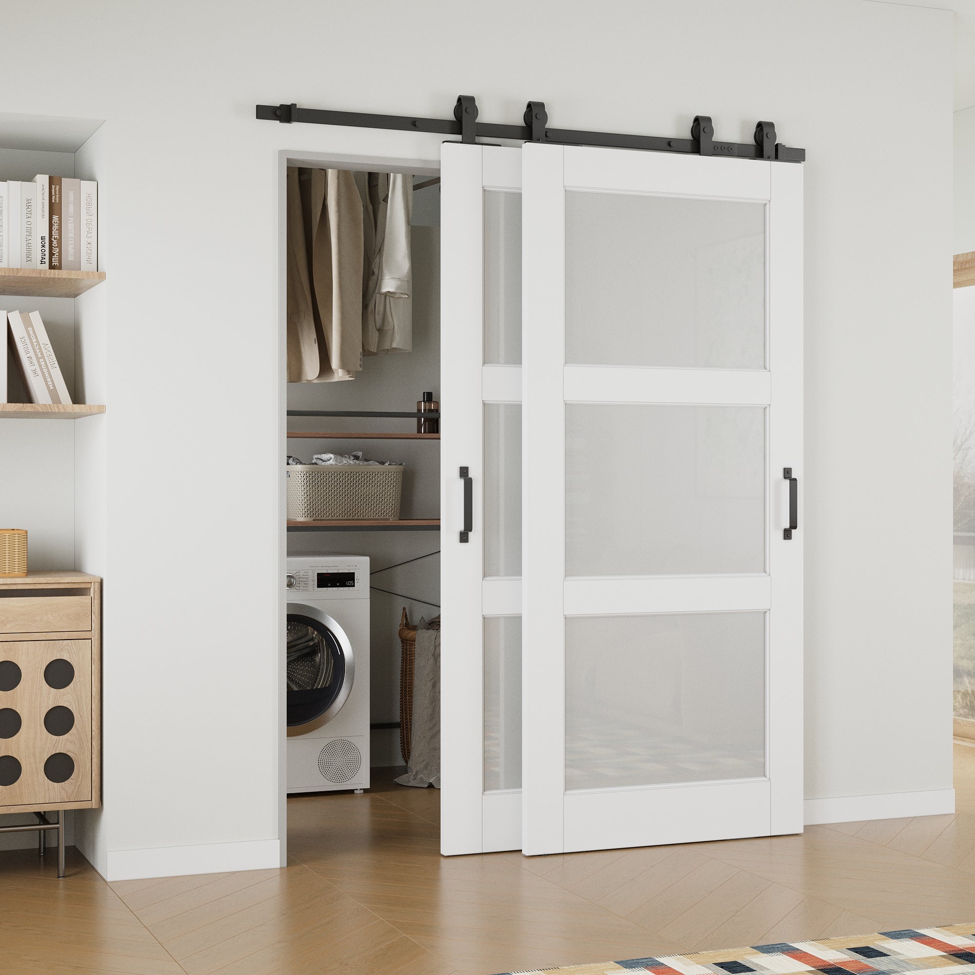 Ark Design Bypass Barn Door, 3-Lite Tempred Frosted Glass, Solid Core MDF & Pre-finished & Paintable Surface, With Hardware Kit Bypass, White