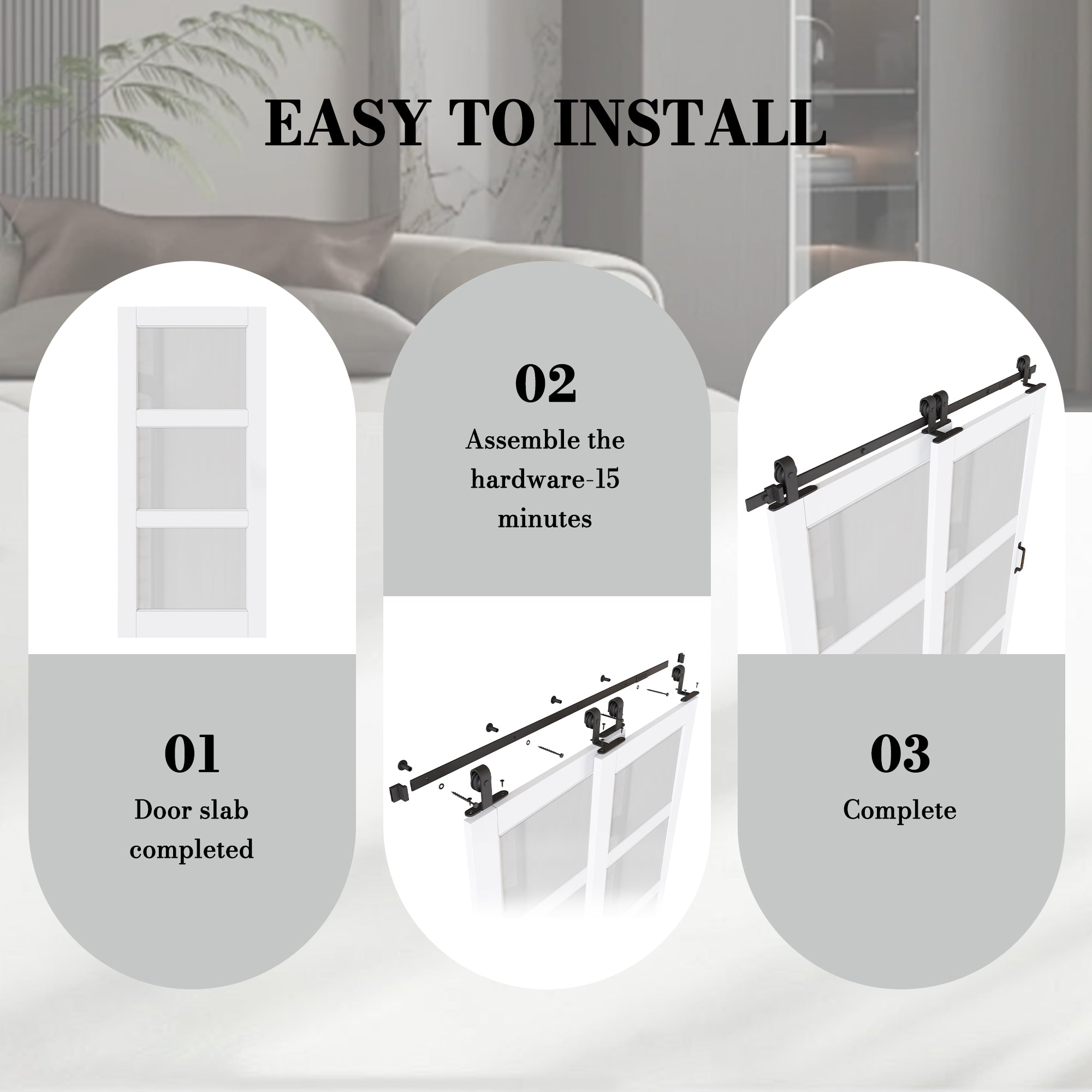 Ark Design Bypass Barn Door, 3-Lite Tempred Frosted Glass, Solid Core MDF & Pre-finished & Paintable Surface, With Hardware Kit Bypass, White