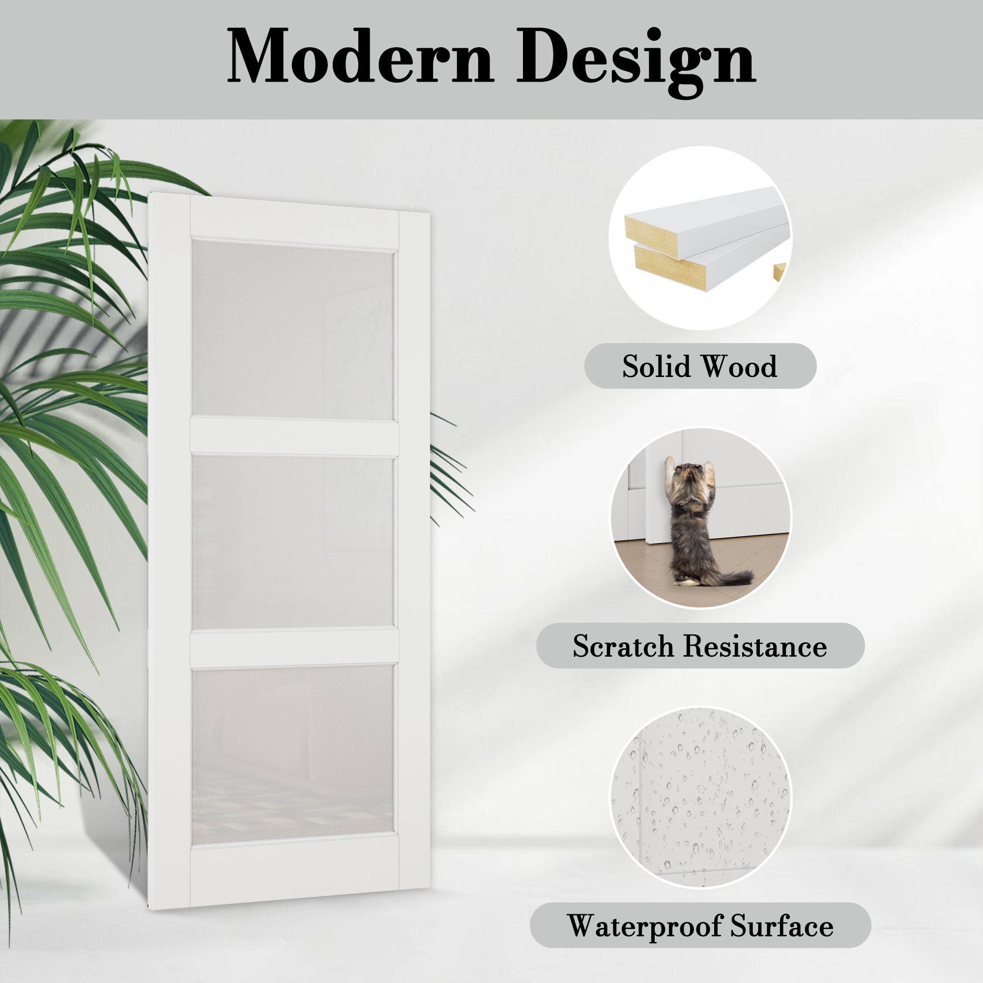 Ark Design Bypass Barn Door, 3-Lite Tempred Frosted Glass, Solid Core MDF & Pre-finished & Paintable Surface, With Hardware Kit Bypass, White
