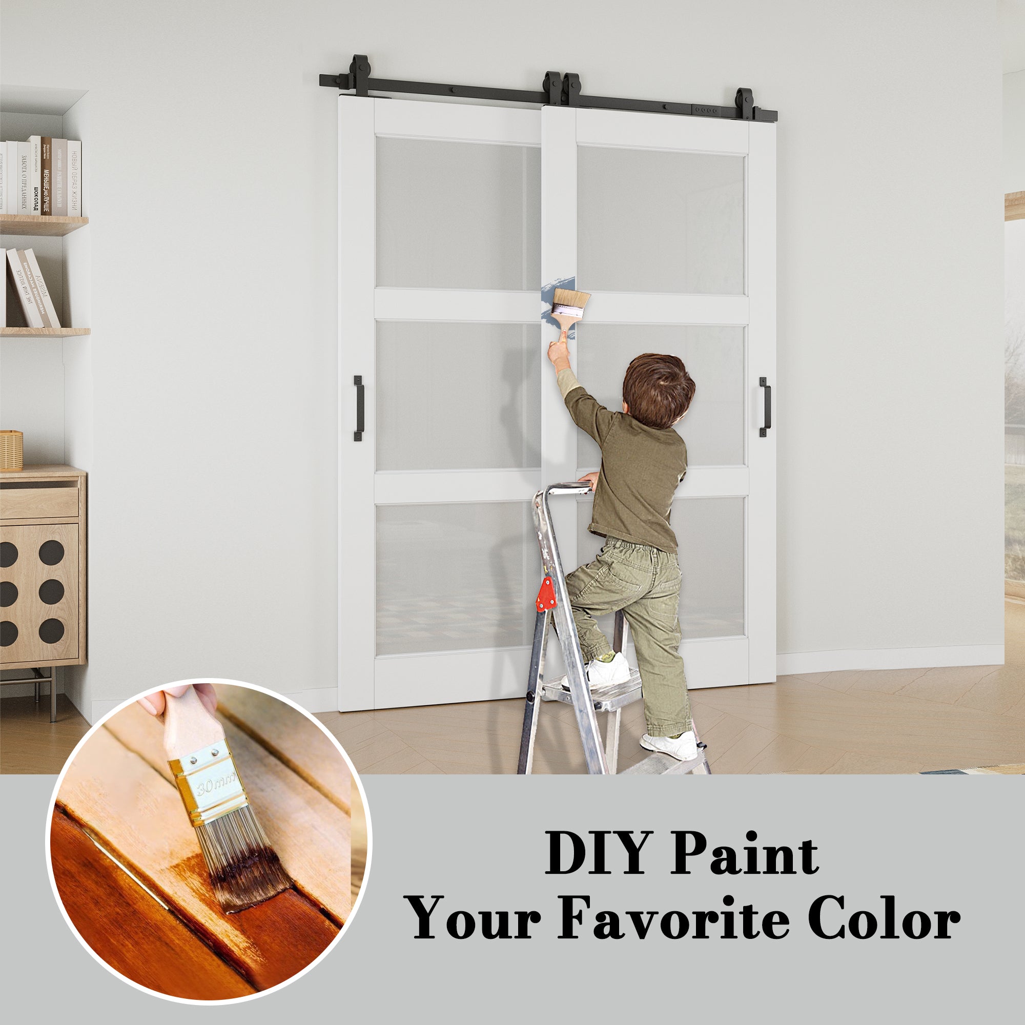 Ark Design Bypass Barn Door, 3-Lite Tempred Frosted Glass, Solid Core MDF & Pre-finished & Paintable Surface, With Hardware Kit Bypass, White