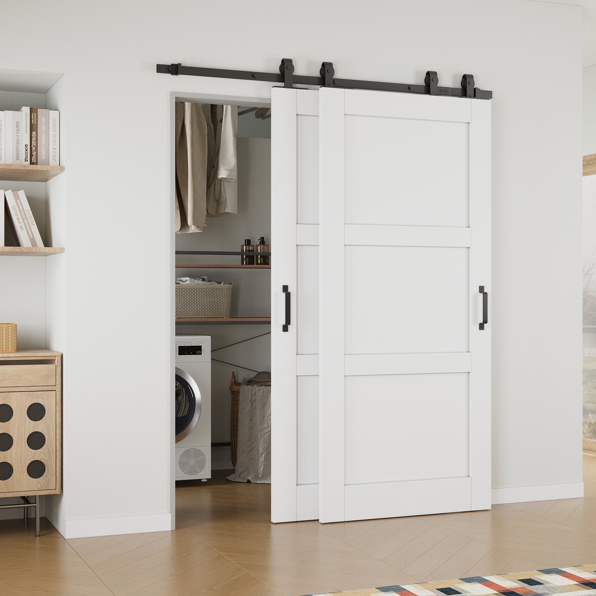 Ark Design Bypass Barn Door, 3-Lite Panel, Solid Core MDF & Pre-finished & Paintable Surface, With Hardware Kit Bypass, White