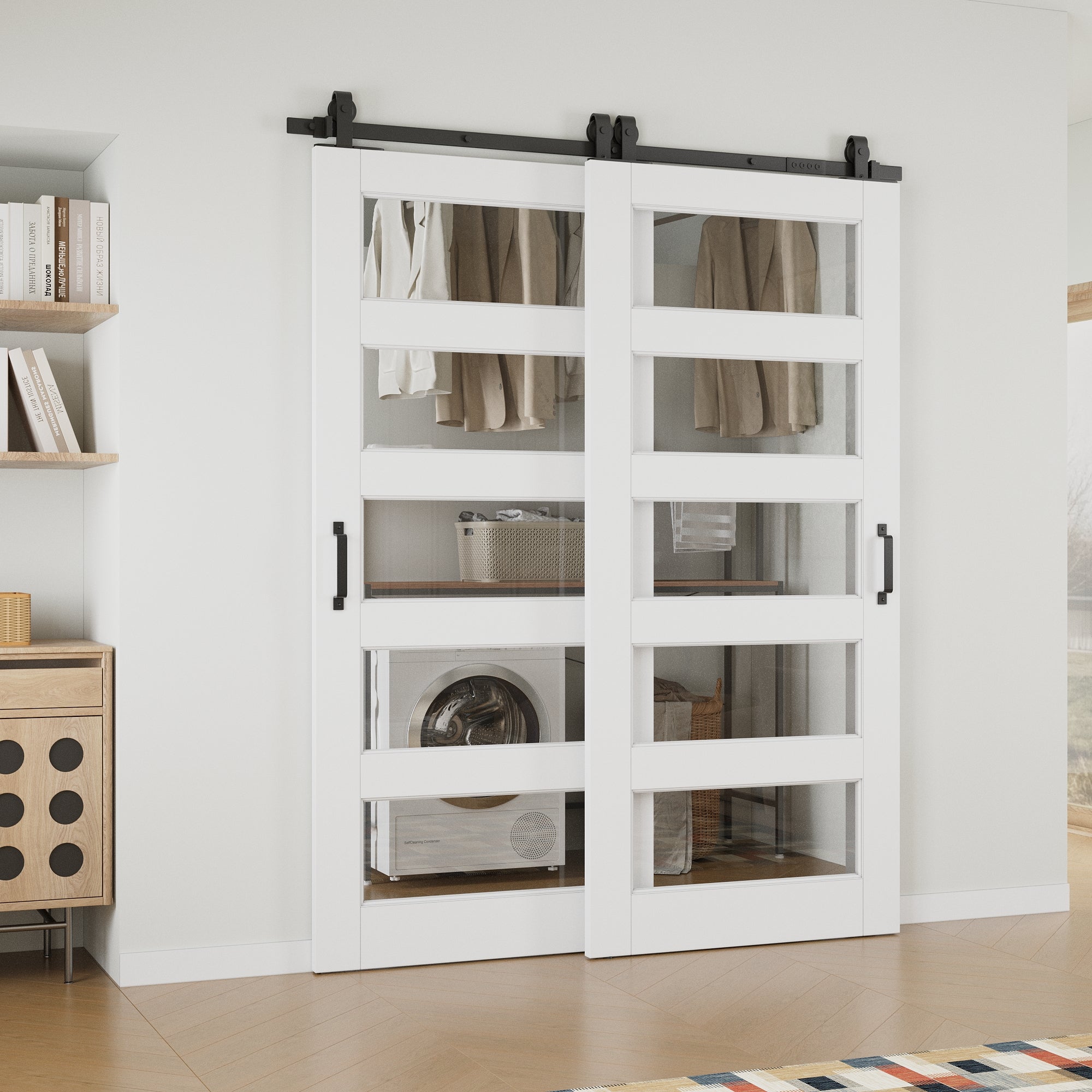 Ark Design Bypass Barn Door, 5-Lite Clear Glass, Solid Core MDF & Pre-finished & Paintable Surface, With Hardware Kit Bypass, White
