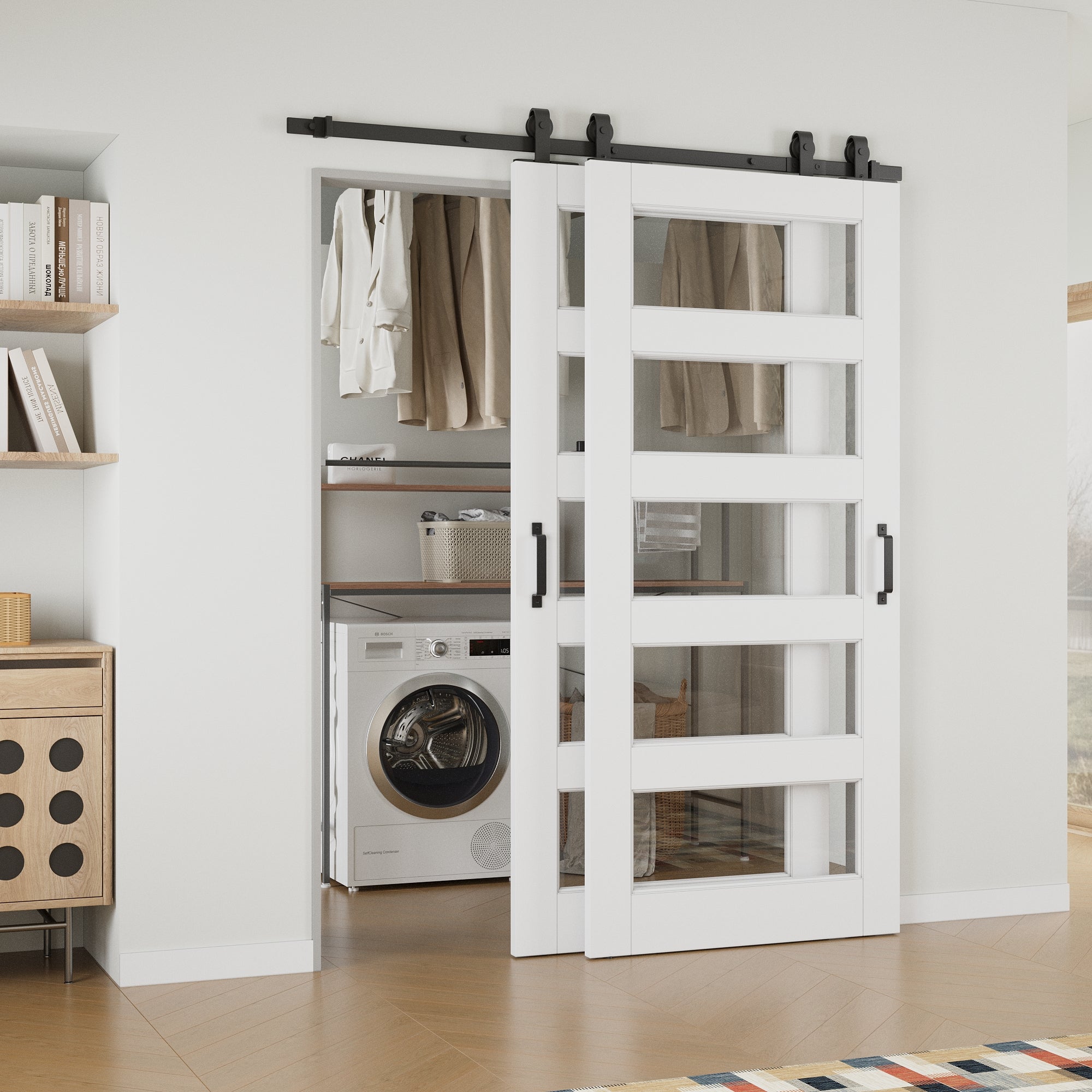 Ark Design Bypass Barn Door, 5-Lite Clear Glass, Solid Core MDF & Pre-finished & Paintable Surface, With Hardware Kit Bypass, White