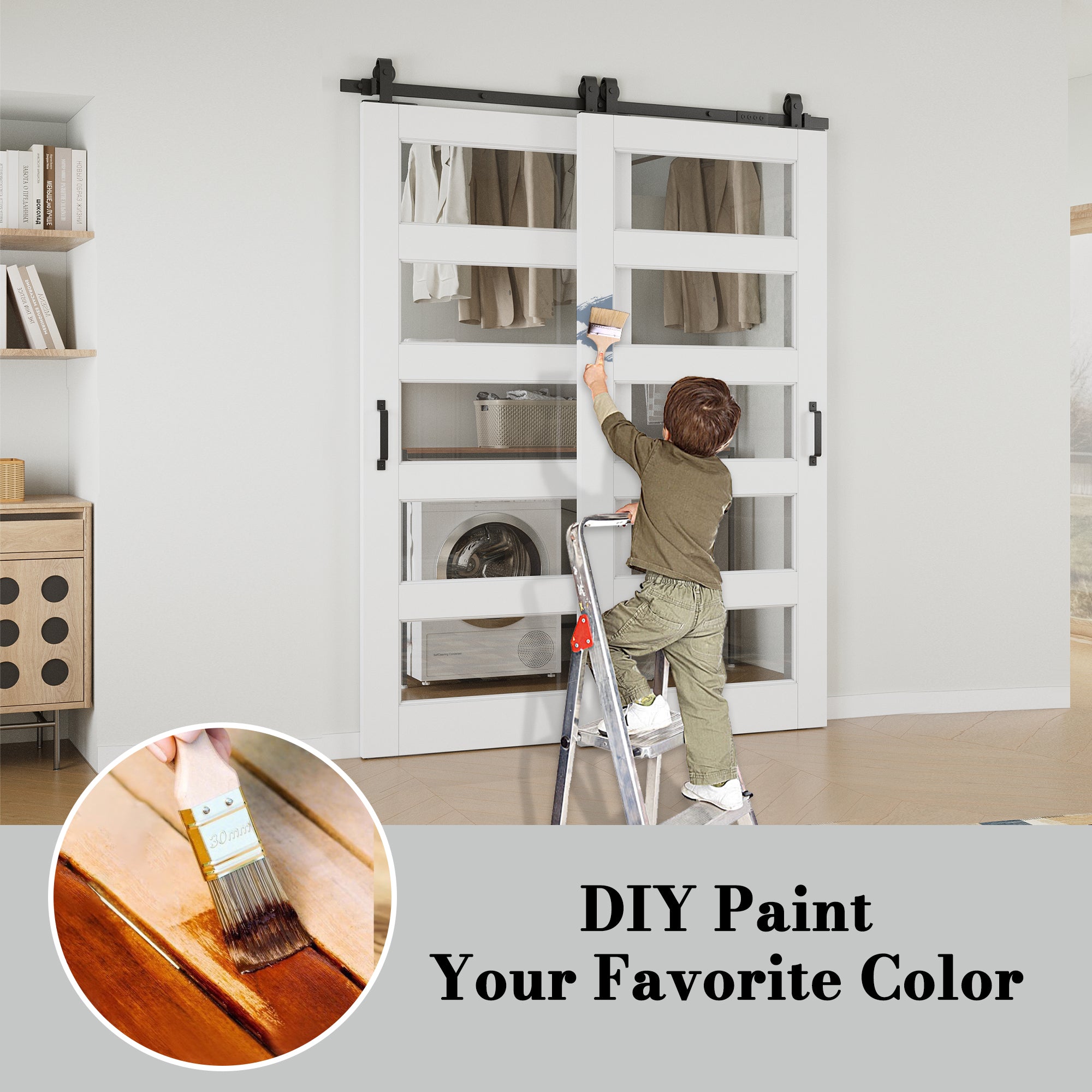 Ark Design Bypass Barn Door, 5-Lite Clear Glass, Solid Core MDF & Pre-finished & Paintable Surface, With Hardware Kit Bypass, White