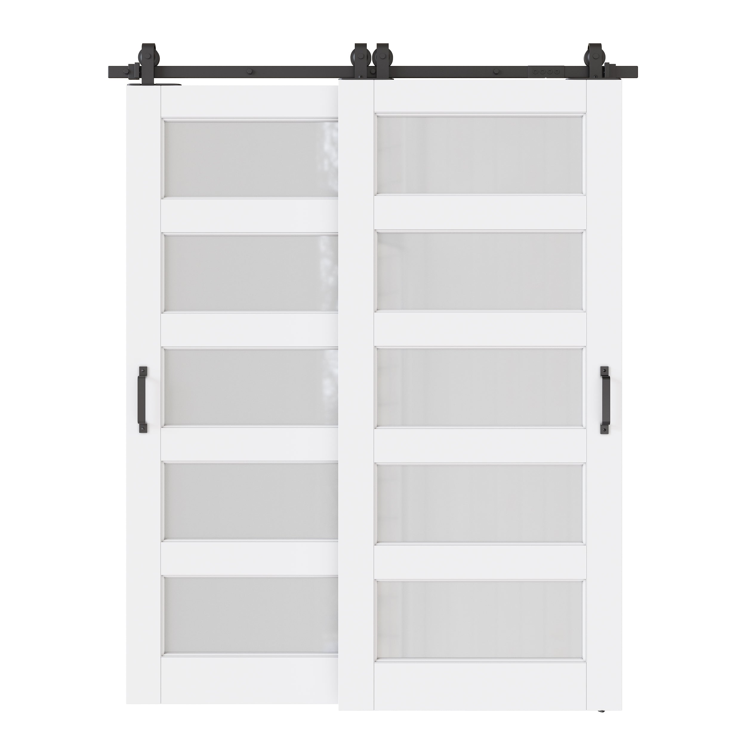 Ark Design Bypass Barn Door, 5-Lite Tempred Frosted Glass, Solid Core MDF & Pre-finished & Paintable Surface, With Hardware Kit Bypass, White