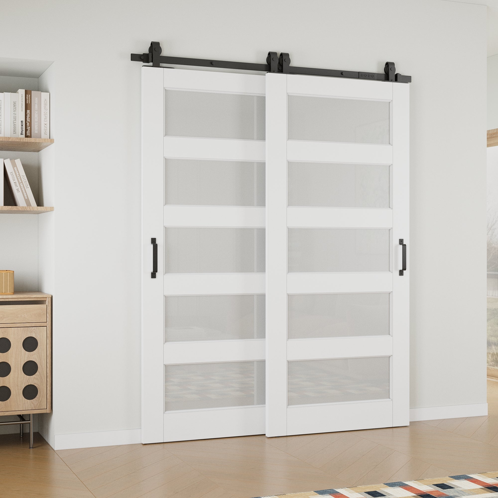Ark Design Bypass Barn Door, 5-Lite Tempred Frosted Glass, Solid Core MDF & Pre-finished & Paintable Surface, With Hardware Kit Bypass, White