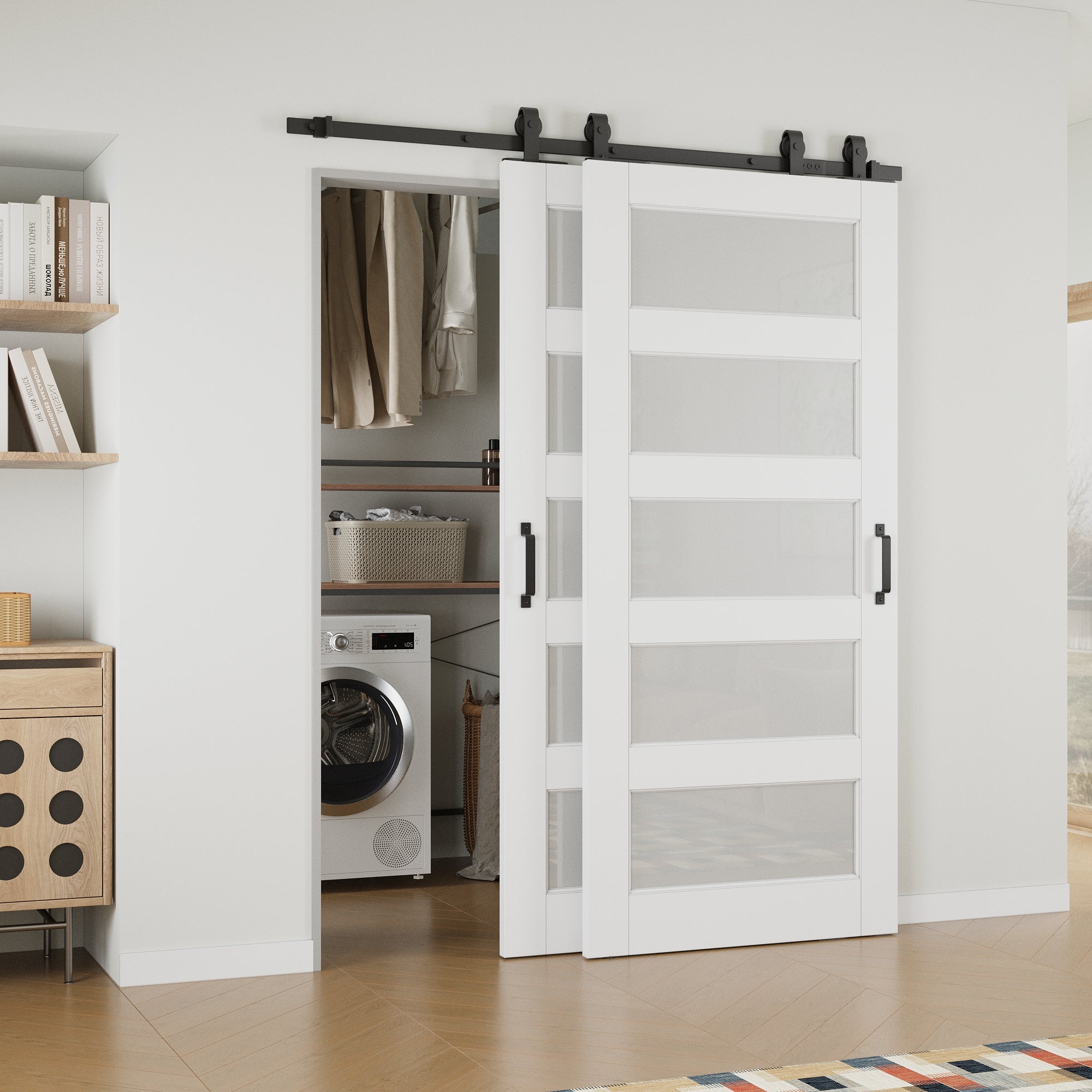 Ark Design Bypass Barn Door, 5-Lite Tempred Frosted Glass, Solid Core MDF & Pre-finished & Paintable Surface, With Hardware Kit Bypass, White