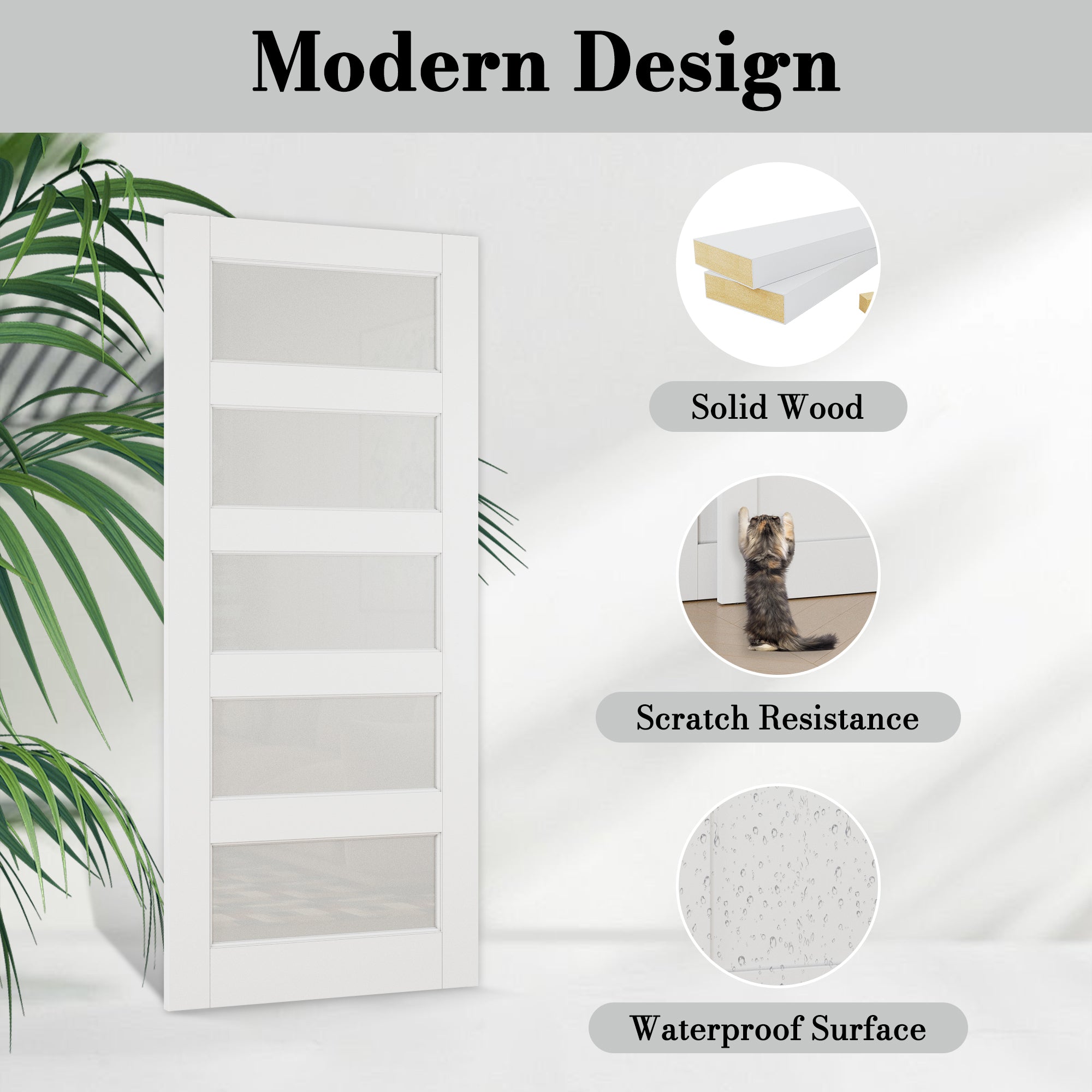 Ark Design Bypass Barn Door, 5-Lite Tempred Frosted Glass, Solid Core MDF & Pre-finished & Paintable Surface, With Hardware Kit Bypass, White