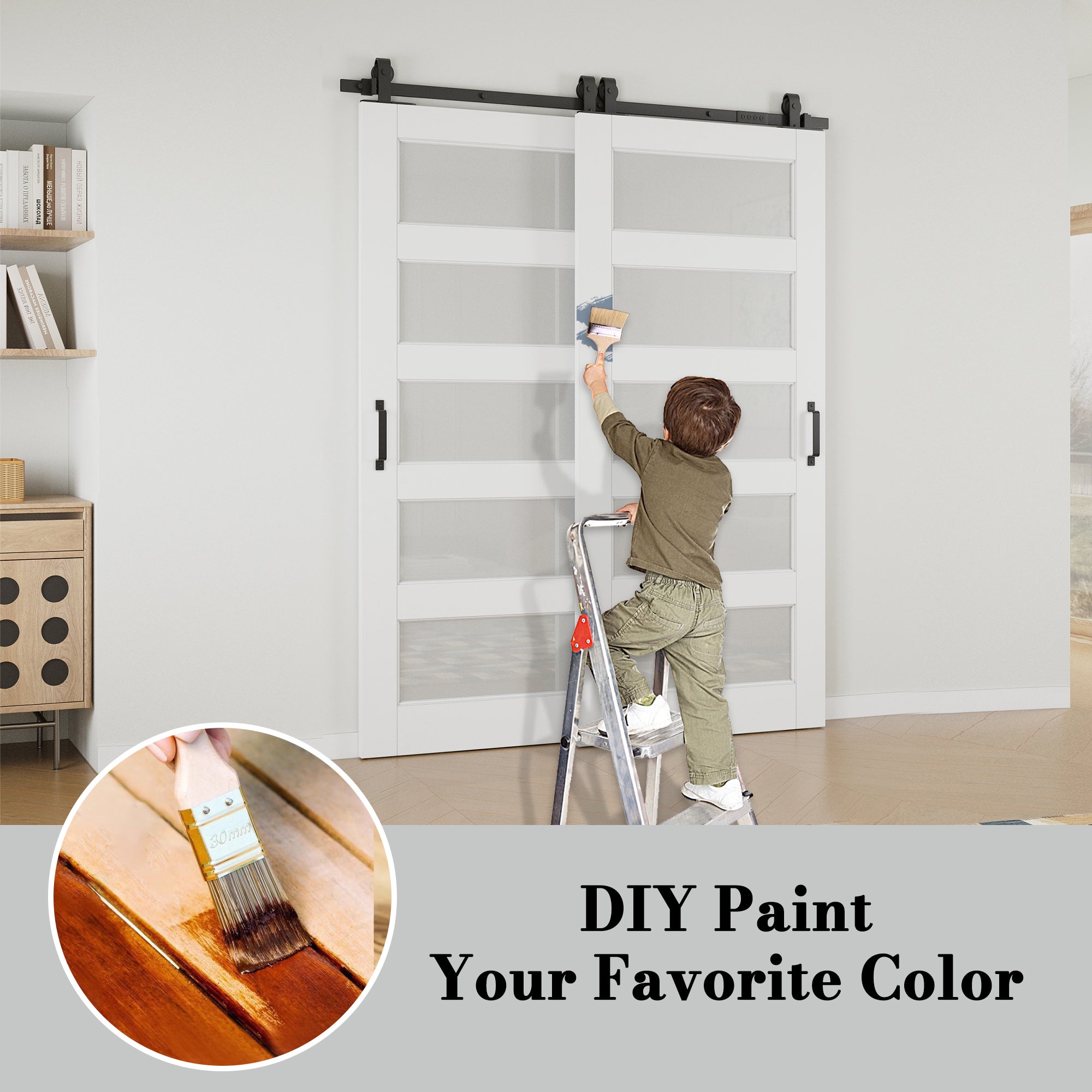 Ark Design Bypass Barn Door, 5-Lite Tempred Frosted Glass, Solid Core MDF & Pre-finished & Paintable Surface, With Hardware Kit Bypass, White