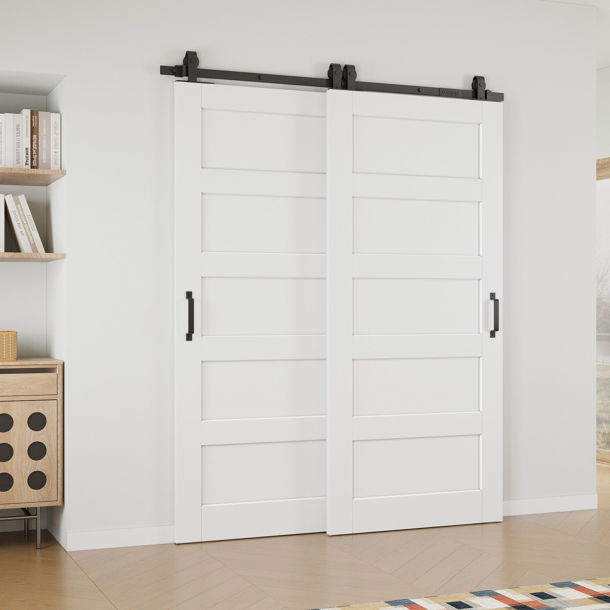 Ark Design Bypass Barn Door, 5-Lite Panel, Solid Core MDF & Pre-finished & Paintable Surface, With Hardware Kit Bypass, White