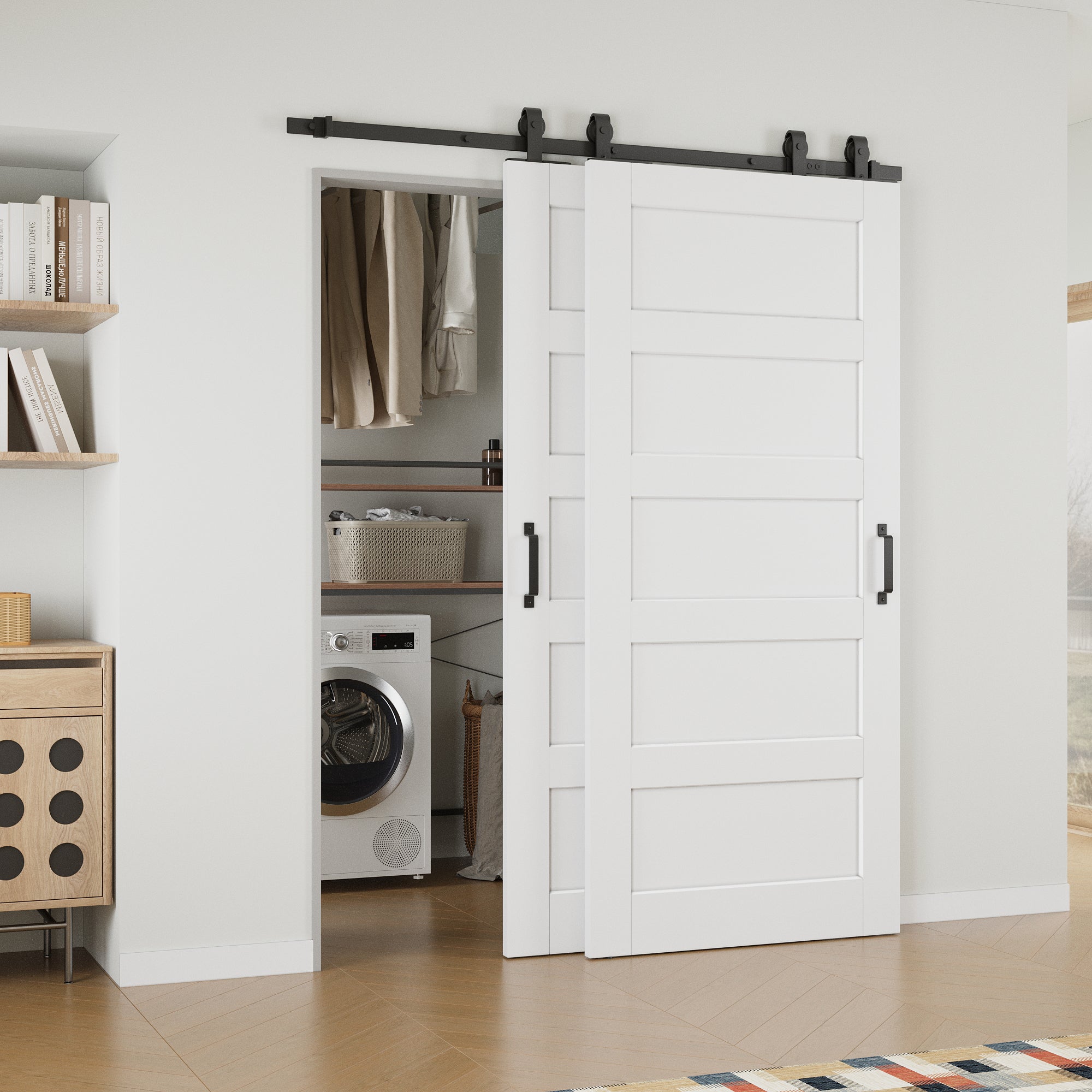 Ark Design Bypass Barn Door, 5-Lite Panel, Solid Core MDF & Pre-finished & Paintable Surface, With Hardware Kit Bypass, White