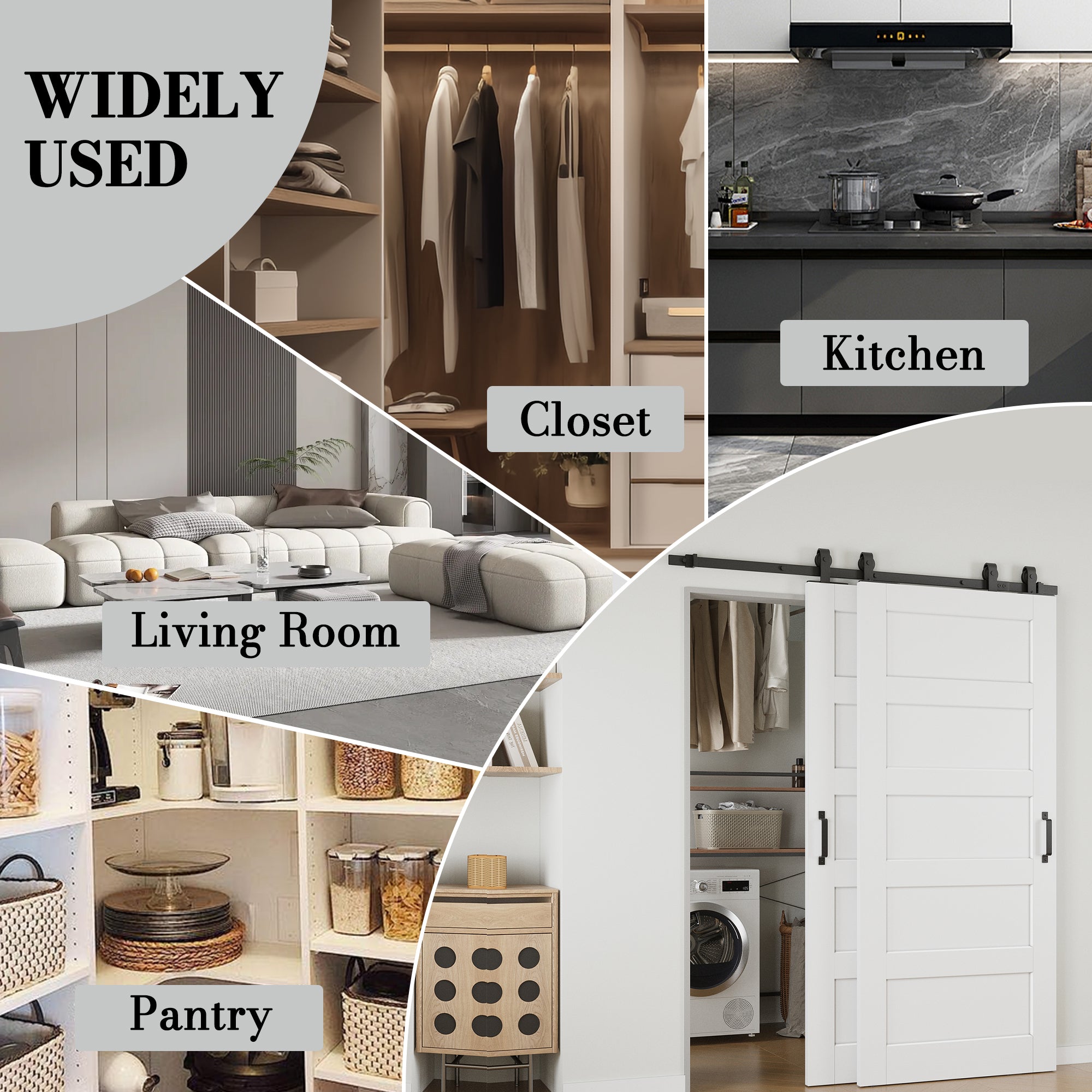 Ark Design Bypass Barn Door, 5-Lite Panel, Solid Core MDF & Pre-finished & Paintable Surface, With Hardware Kit Bypass, White