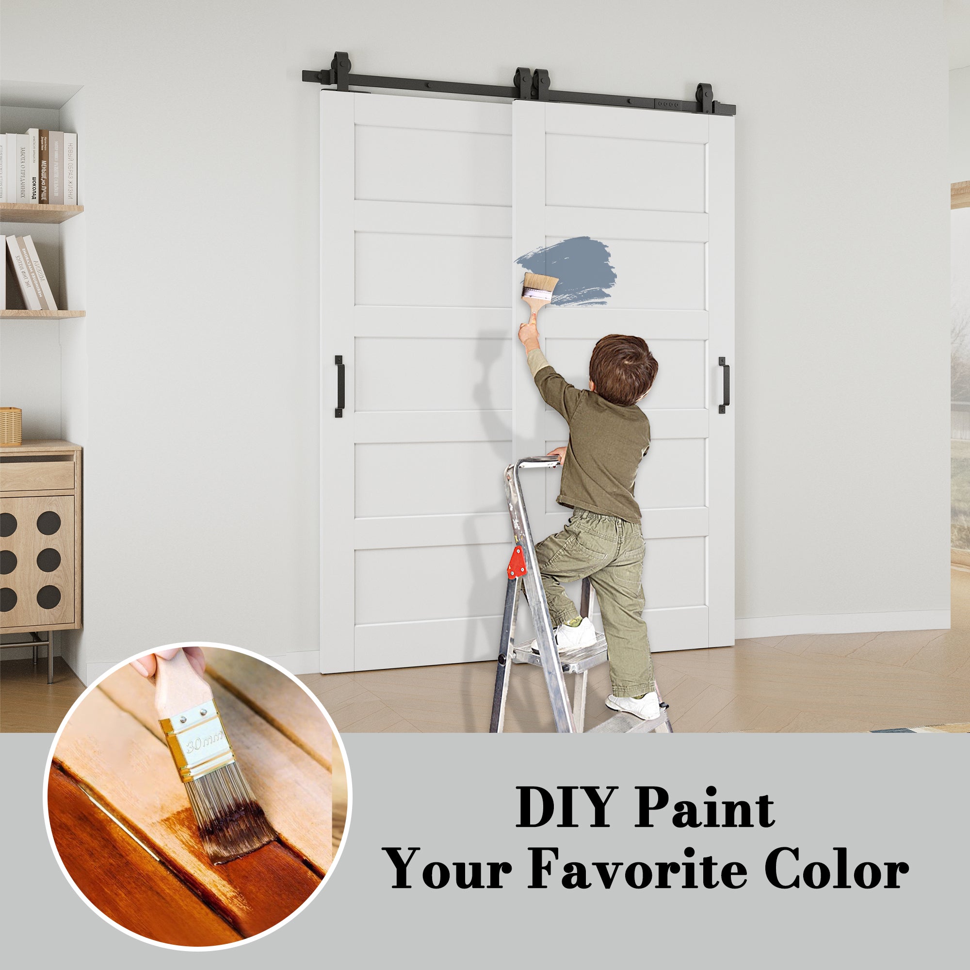 Ark Design Bypass Barn Door, 5-Lite Panel, Solid Core MDF & Pre-finished & Paintable Surface, With Hardware Kit Bypass, White