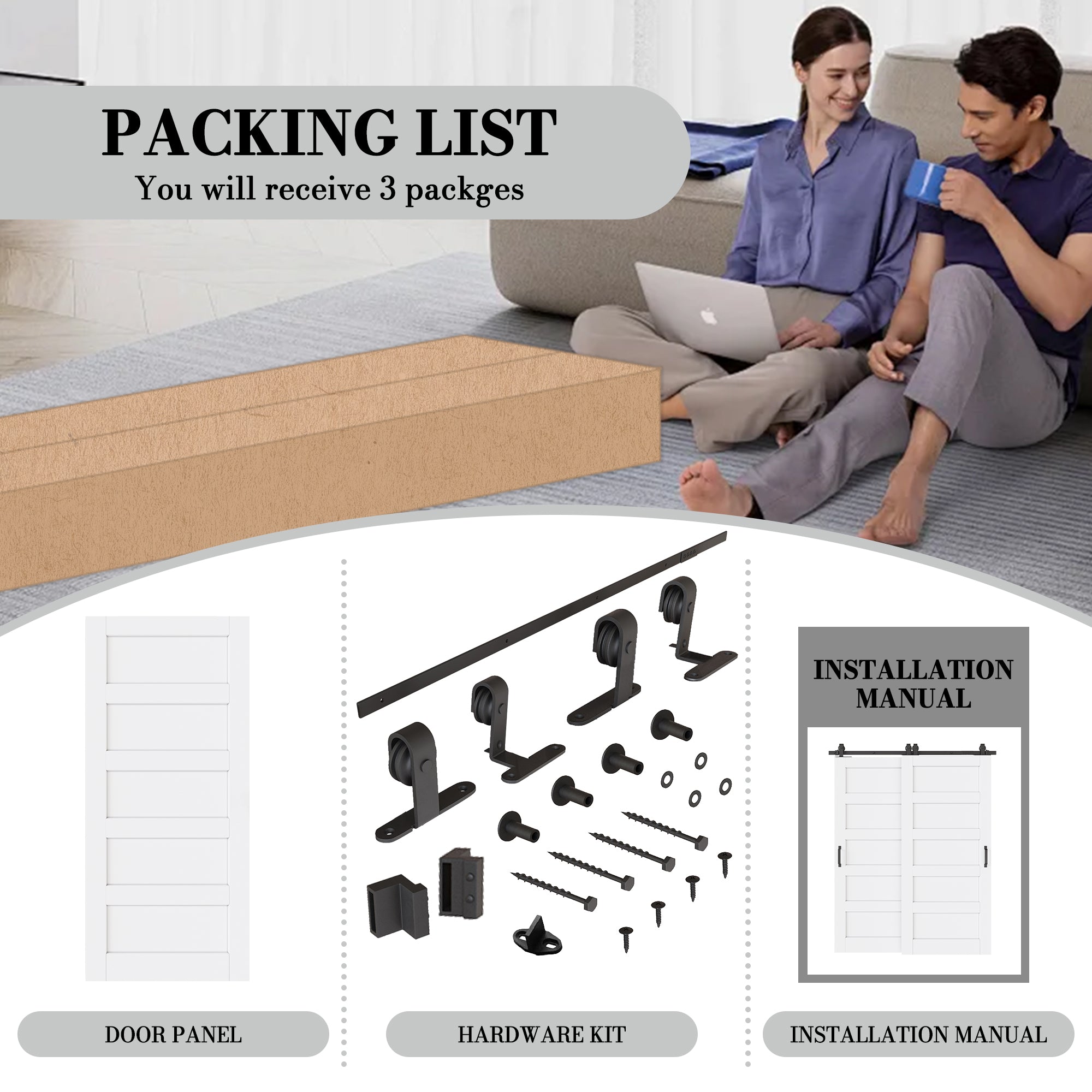 Ark Design Bypass Barn Door, 5-Lite Panel, Solid Core MDF & Pre-finished & Paintable Surface, With Hardware Kit Bypass, White
