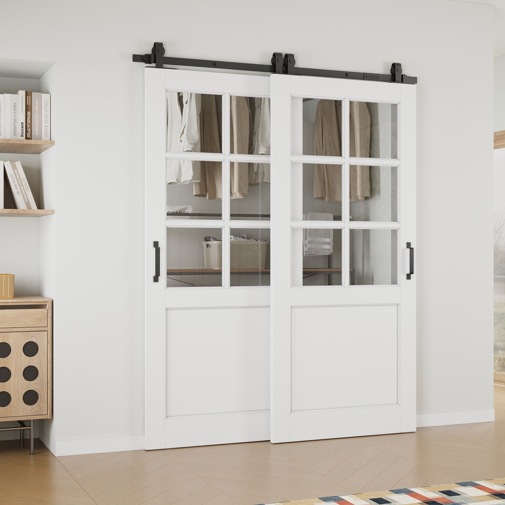 Ark Design Bypass Barn Door, 6-Lite Clear Glass, Solid Core MDF & Pre-finished & Paintable Surface, With Hardware Kit Bypass, White