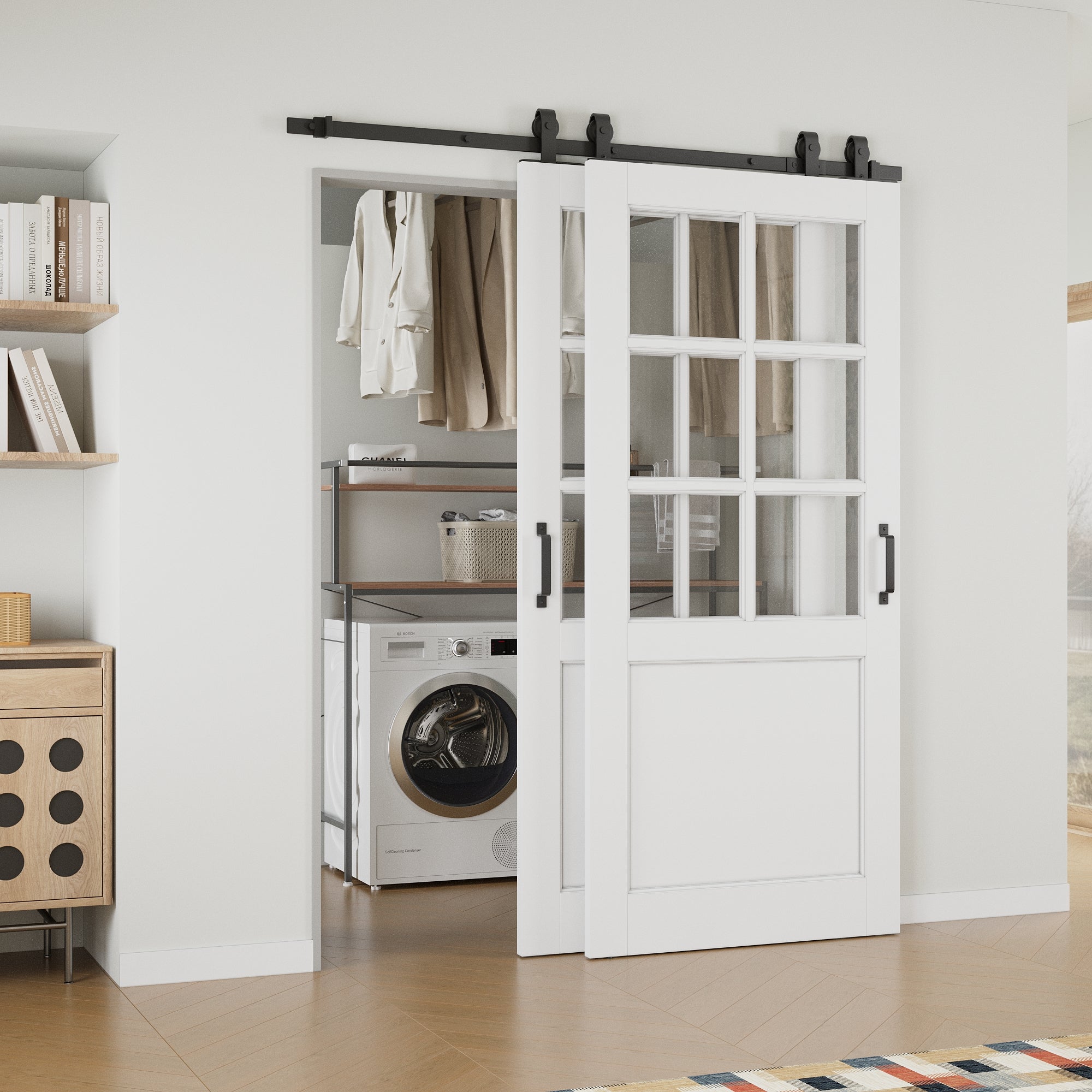 Ark Design Bypass Barn Door, 6-Lite Clear Glass, Solid Core MDF & Pre-finished & Paintable Surface, With Hardware Kit Bypass, White