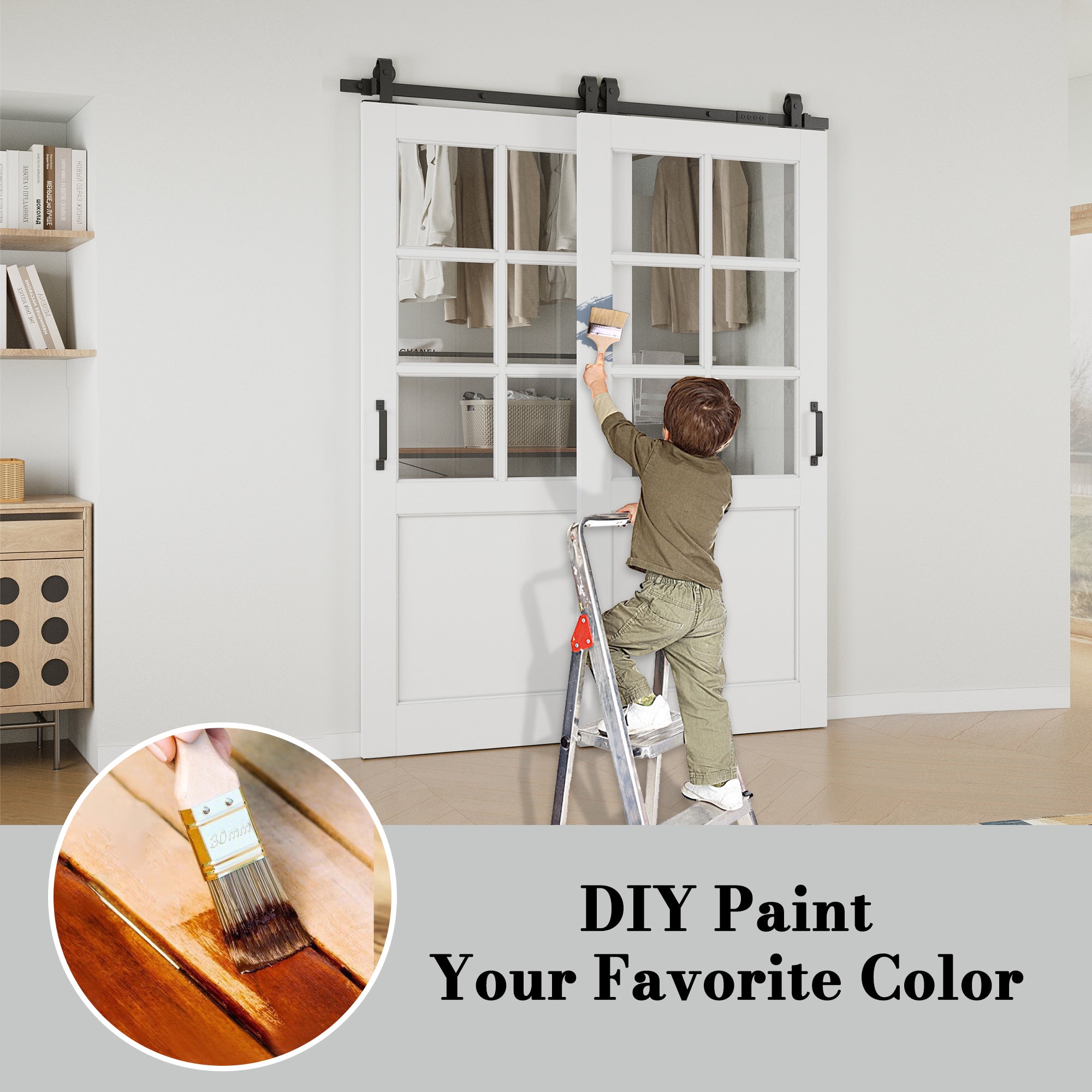 Ark Design Bypass Barn Door, 6-Lite Clear Glass, Solid Core MDF & Pre-finished & Paintable Surface, With Hardware Kit Bypass, White