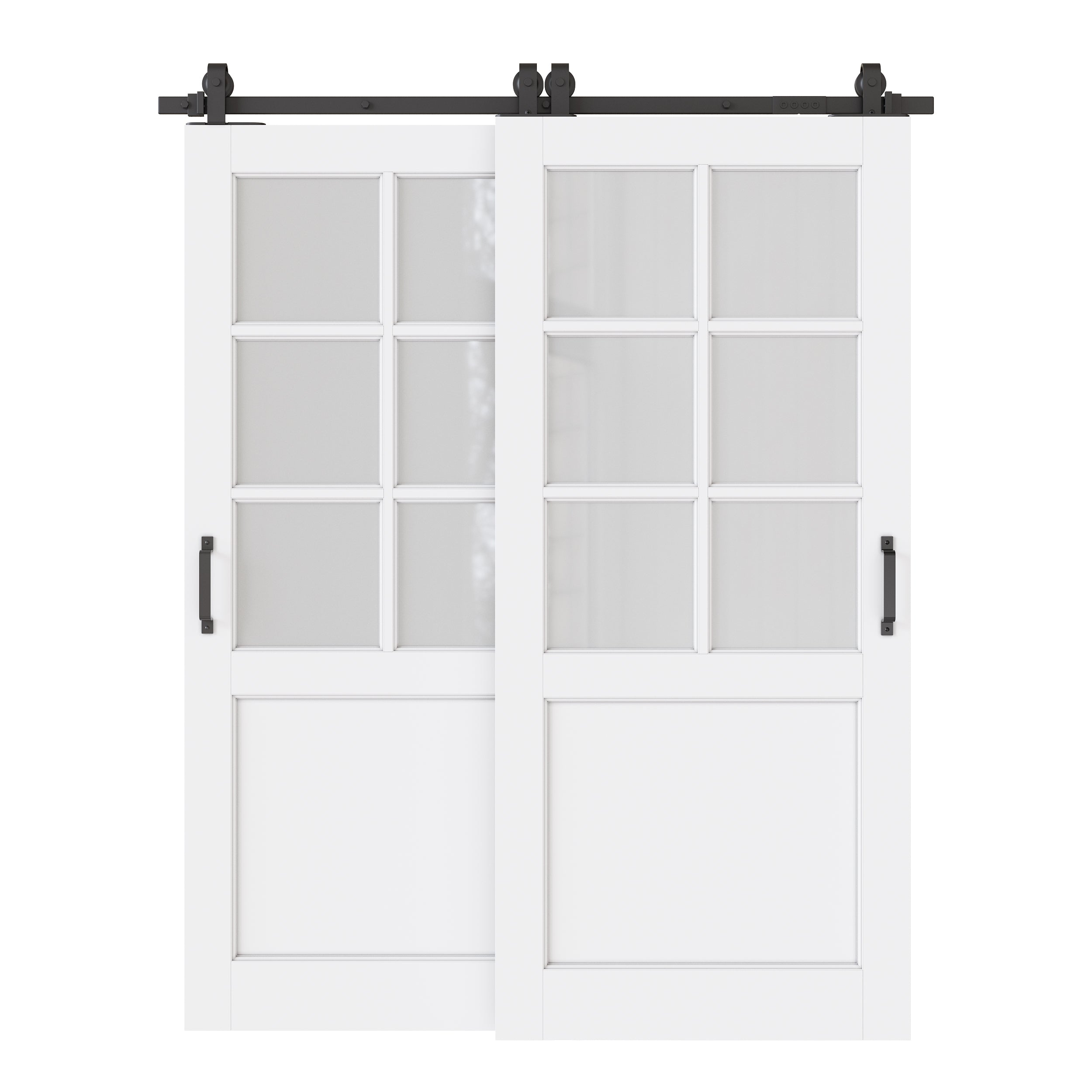 Ark Design Bypass Barn Door, 6-Lite Tempred Frosted Glass, Solid Core MDF & Pre-finished & Paintable Surface, With Hardware Kit Bypass, White