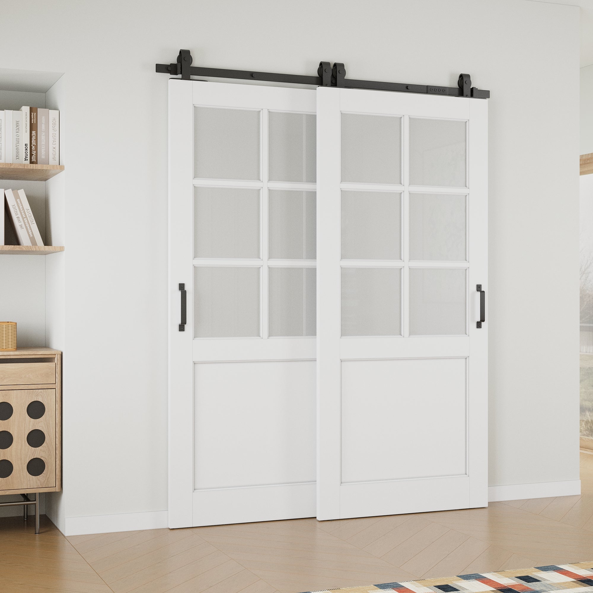 Ark Design Bypass Barn Door, 6-Lite Tempred Frosted Glass, Solid Core MDF & Pre-finished & Paintable Surface, With Hardware Kit Bypass, White