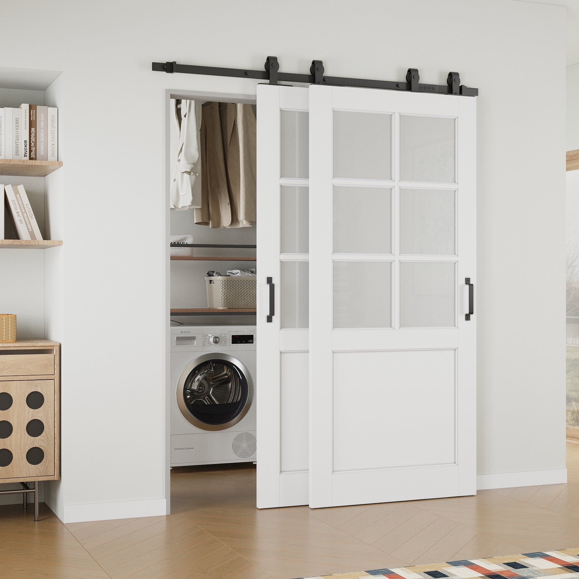 Ark Design Bypass Barn Door, 6-Lite Tempred Frosted Glass, Solid Core MDF & Pre-finished & Paintable Surface, With Hardware Kit Bypass, White