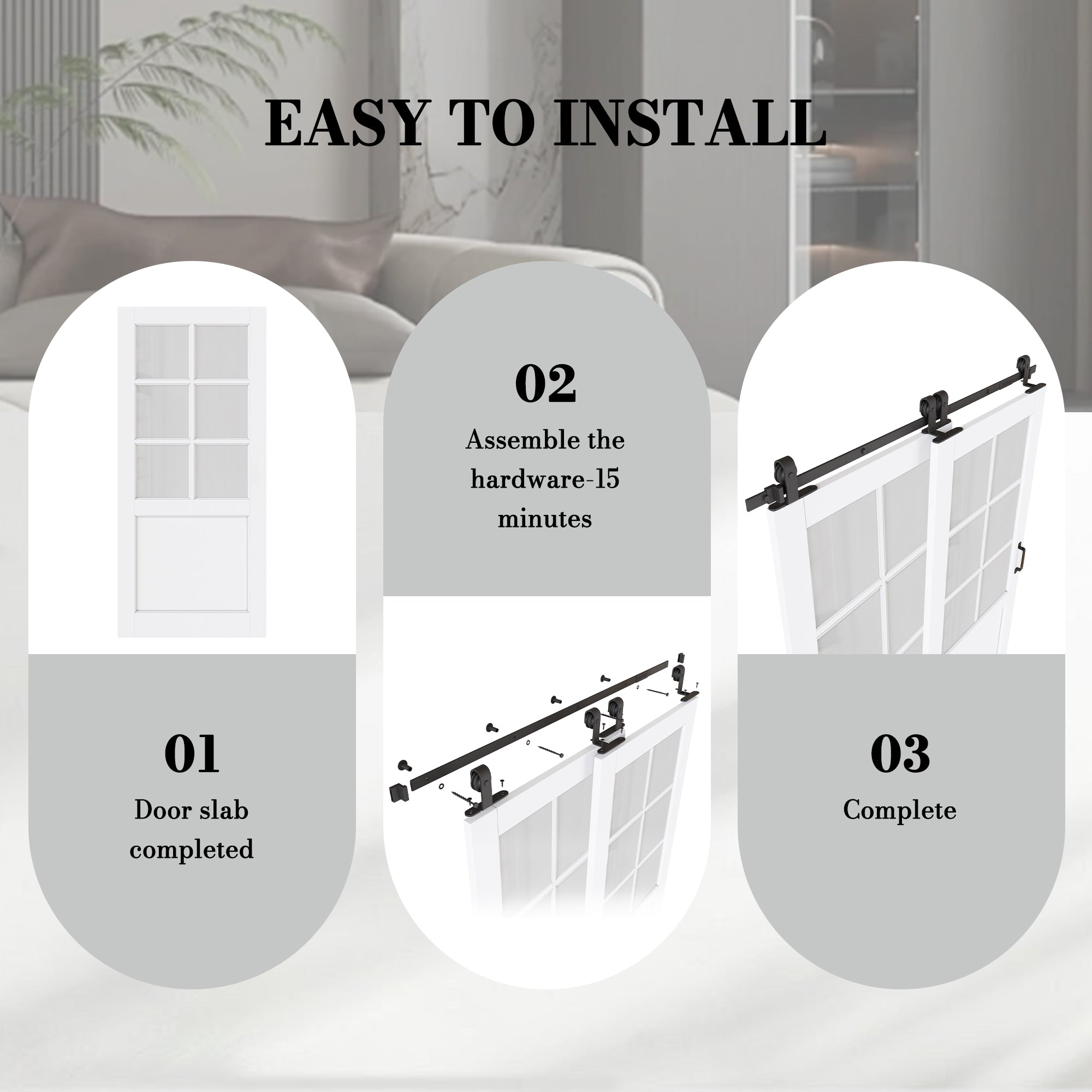 Ark Design Bypass Barn Door, 6-Lite Tempred Frosted Glass, Solid Core MDF & Pre-finished & Paintable Surface, With Hardware Kit Bypass, White