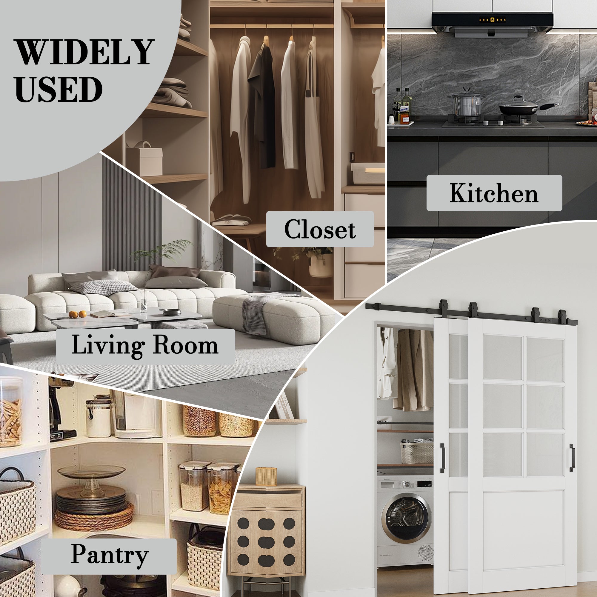 Ark Design Bypass Barn Door, 6-Lite Tempred Frosted Glass, Solid Core MDF & Pre-finished & Paintable Surface, With Hardware Kit Bypass, White