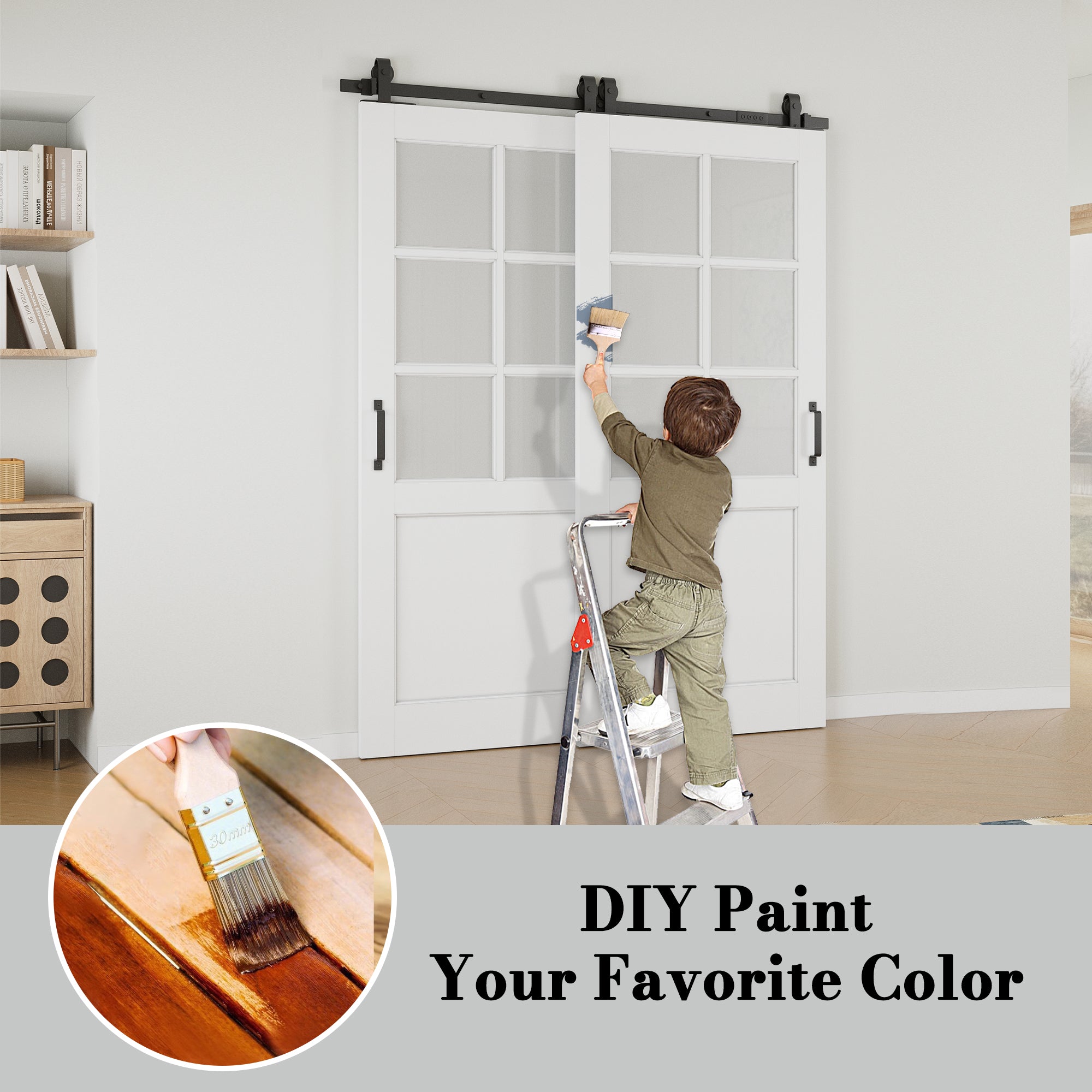 Ark Design Bypass Barn Door, 6-Lite Tempred Frosted Glass, Solid Core MDF & Pre-finished & Paintable Surface, With Hardware Kit Bypass, White
