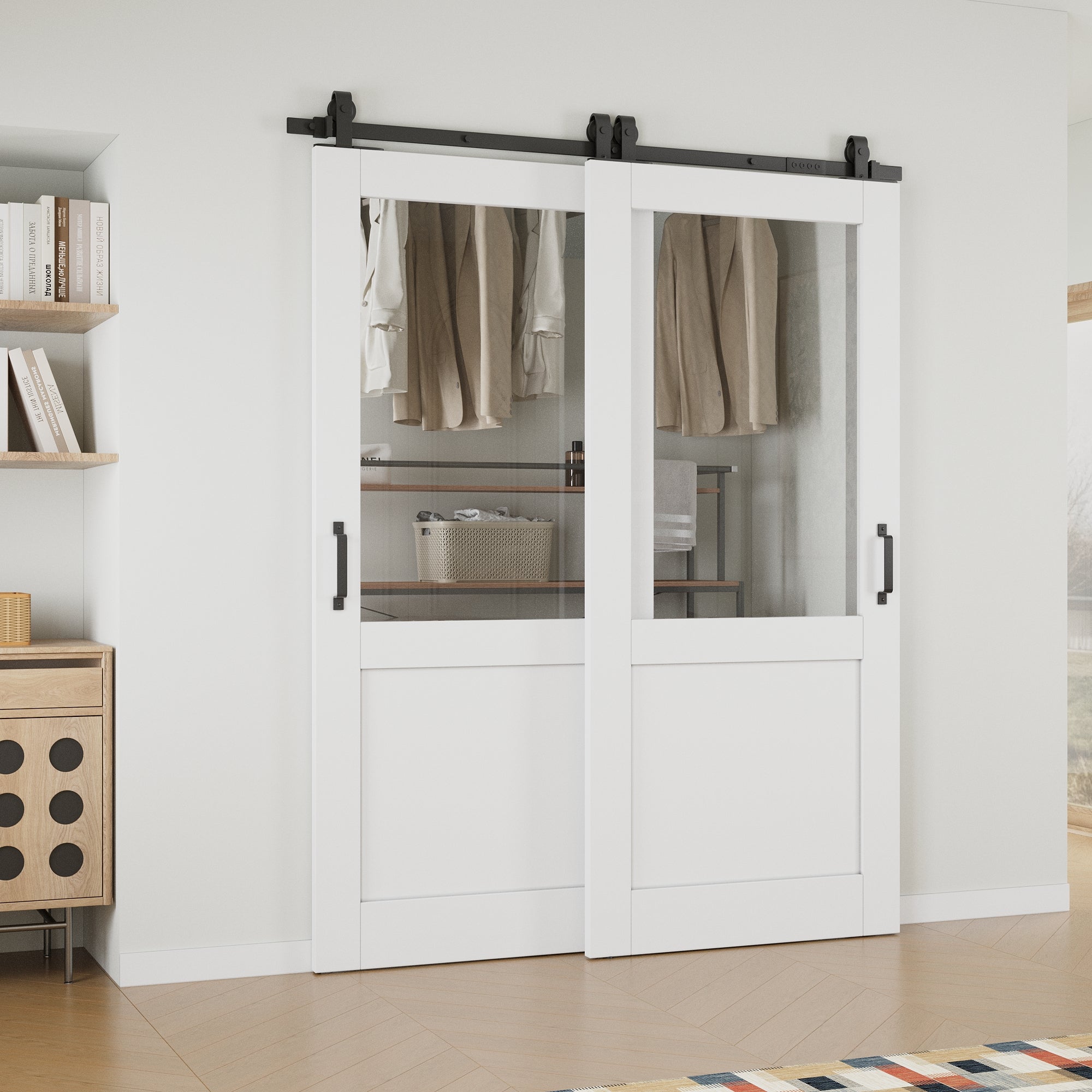 Ark Design Bypass Barn Door, Half-Lite Clear Glass, Solid Core MDF & Pre-finished & Paintable Surface, With Hardware Kit Bypass, White