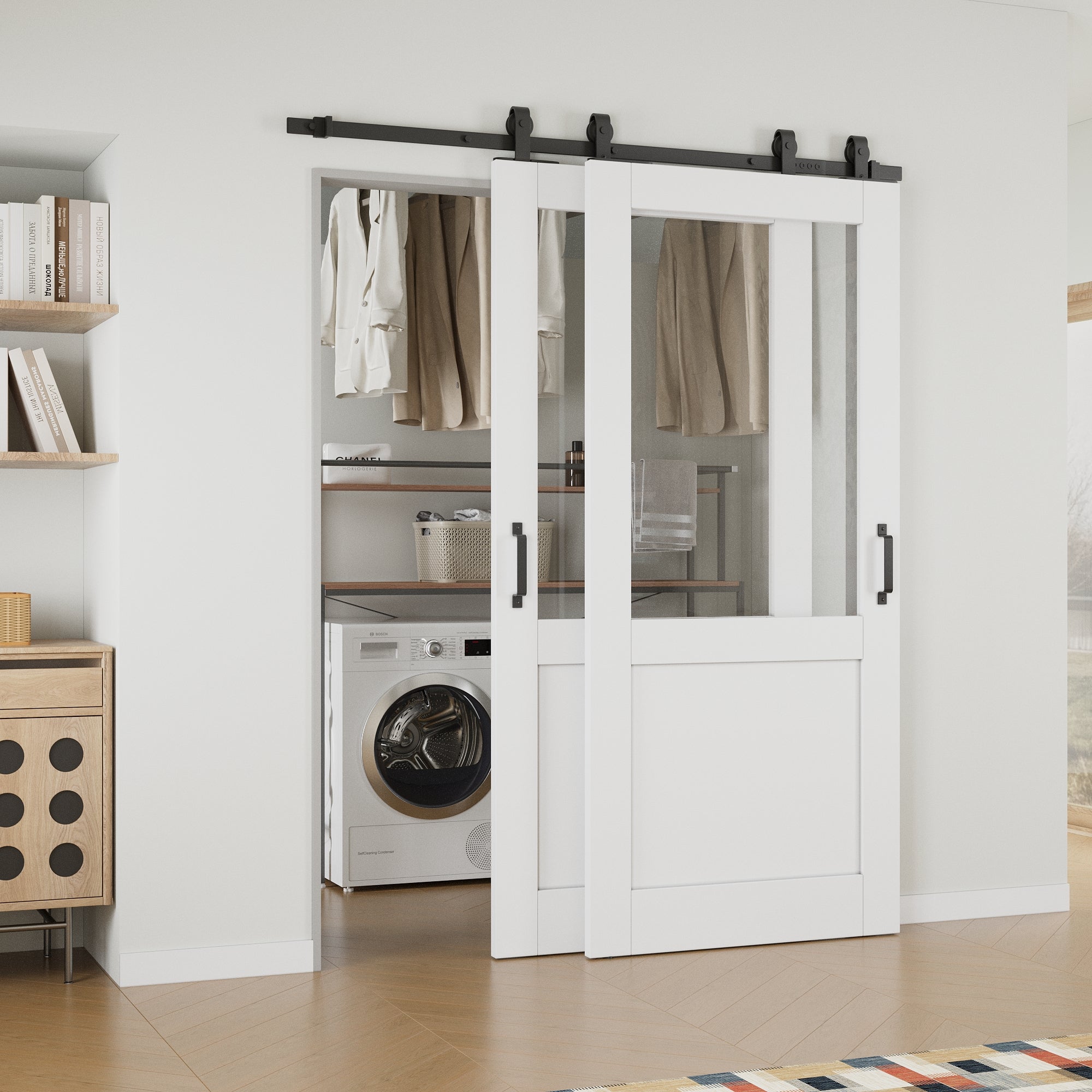 Ark Design Bypass Barn Door, Half-Lite Clear Glass, Solid Core MDF & Pre-finished & Paintable Surface, With Hardware Kit Bypass, White