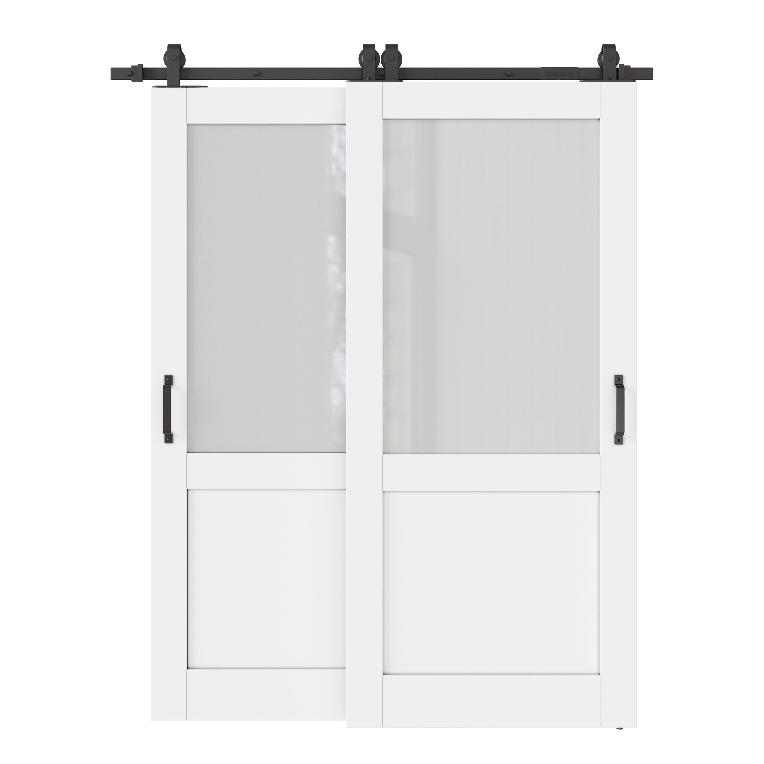 Ark Design Bypass Barn Door, Half-Lite Tempred Frosted Glass, Solid Core MDF & Pre-finished & Paintable Surface, With Hardware Kit Bypass, White