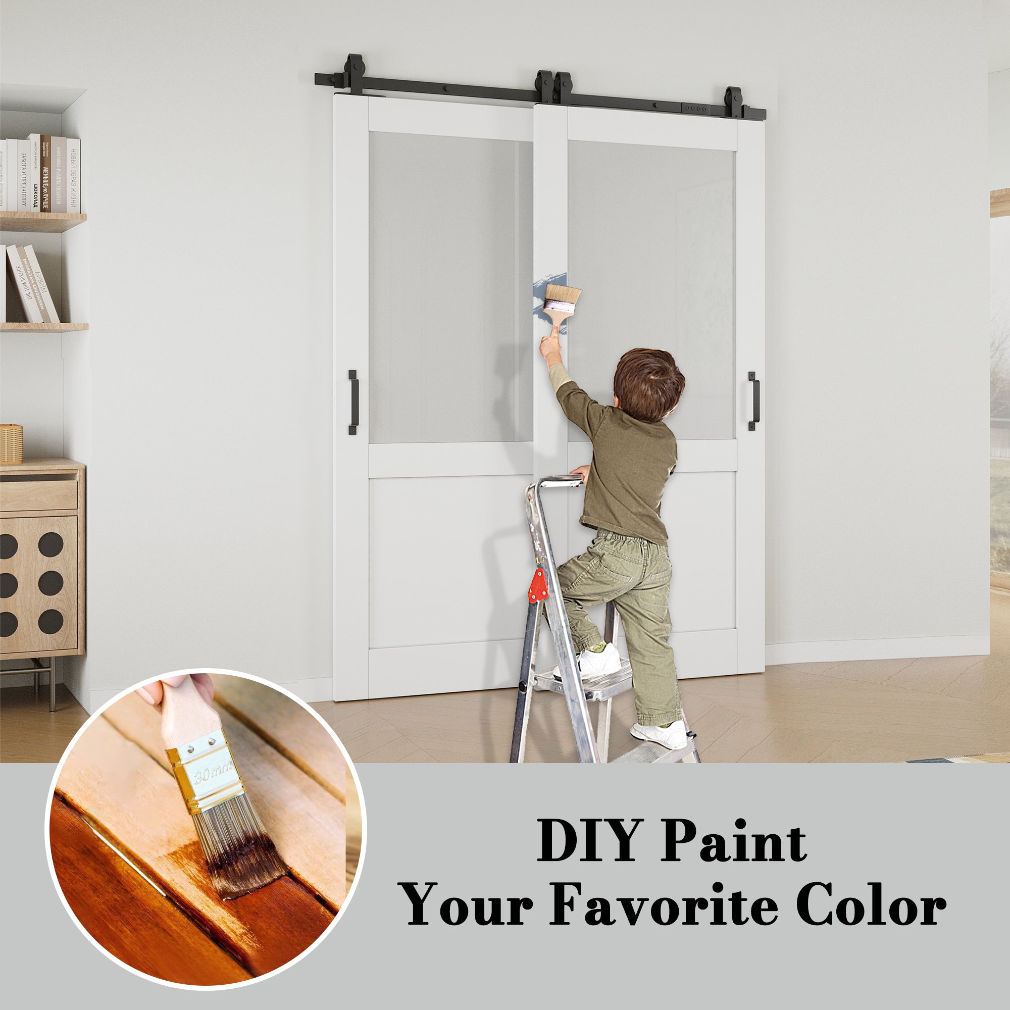 Ark Design Bypass Barn Door, Half-Lite Tempred Frosted Glass, Solid Core MDF & Pre-finished & Paintable Surface, With Hardware Kit Bypass, White