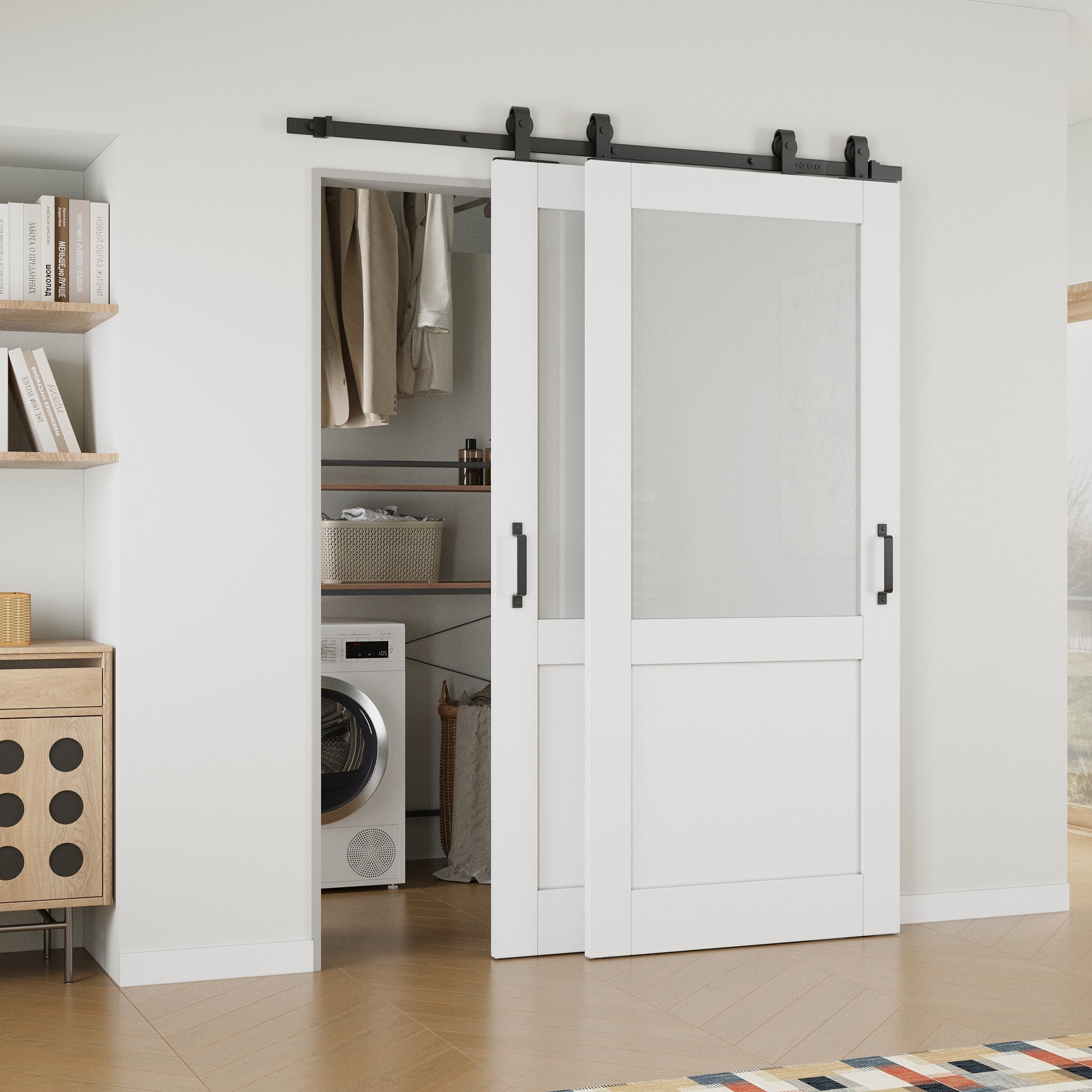 Ark Design Bypass Barn Door, Half-Lite Tempred Frosted Glass, Solid Core MDF & Pre-finished & Paintable Surface, With Hardware Kit Bypass, White