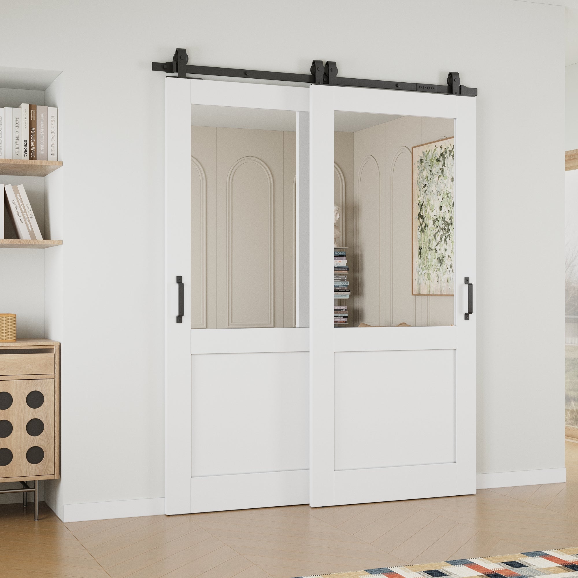 Ark Design Bypass Barn Door, Half-Lite Mirrored Glass, Solid Core MDF & Pre-finished & Paintable Surface, With Hardware Kit Bypass, White