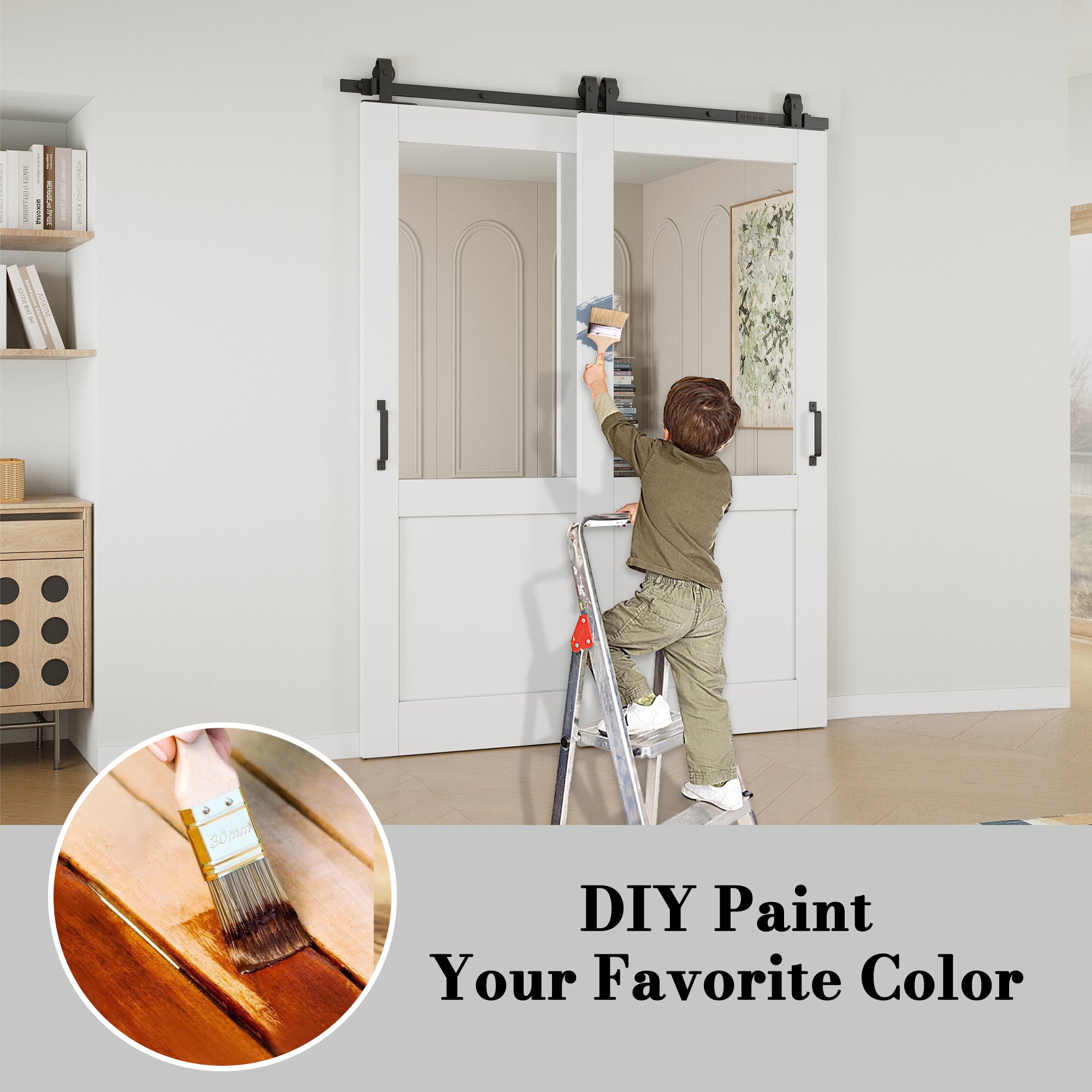 Ark Design Bypass Barn Door, Half-Lite Mirrored Glass, Solid Core MDF & Pre-finished & Paintable Surface, With Hardware Kit Bypass, White