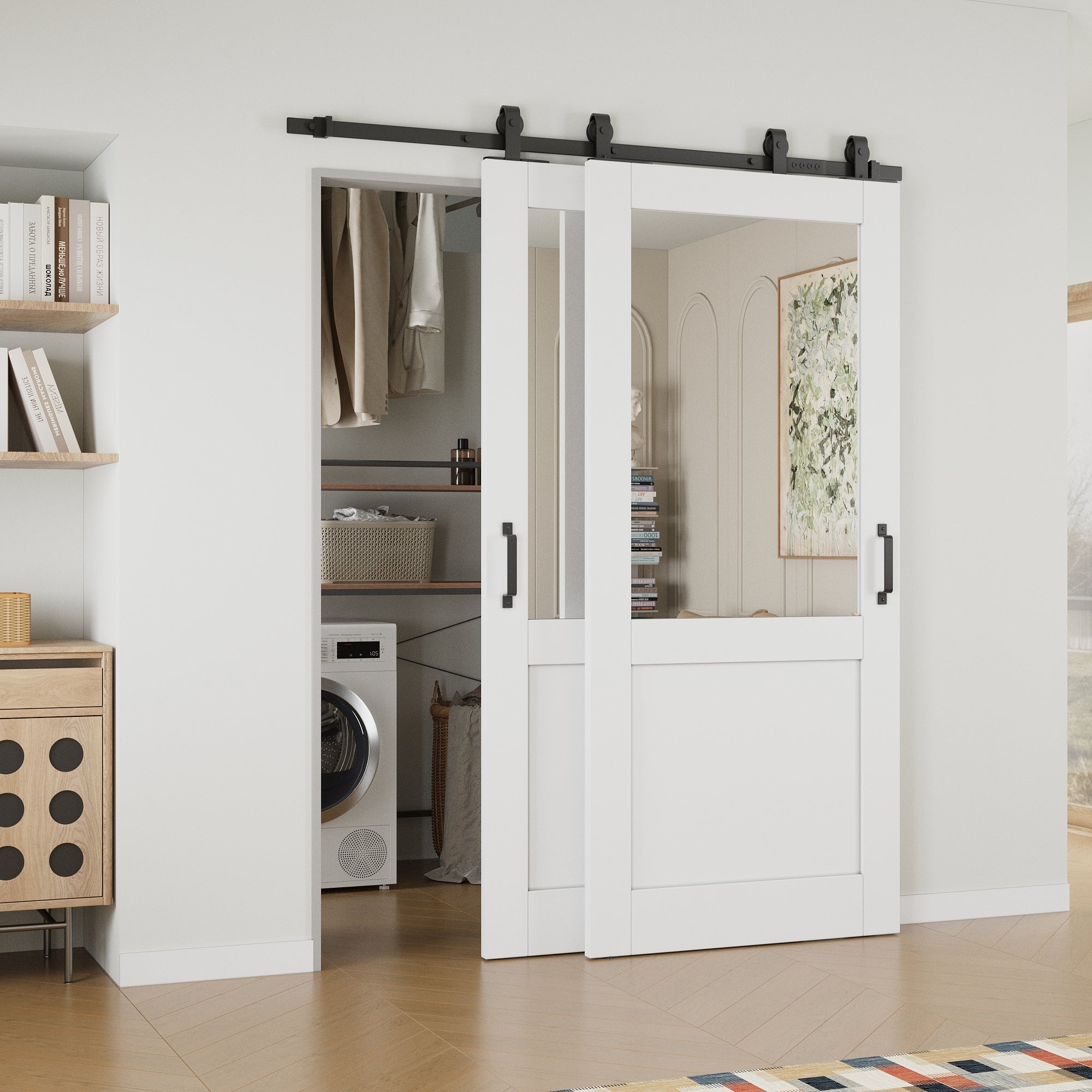 Ark Design Bypass Barn Door, Half-Lite Mirrored Glass, Solid Core MDF & Pre-finished & Paintable Surface, With Hardware Kit Bypass, White