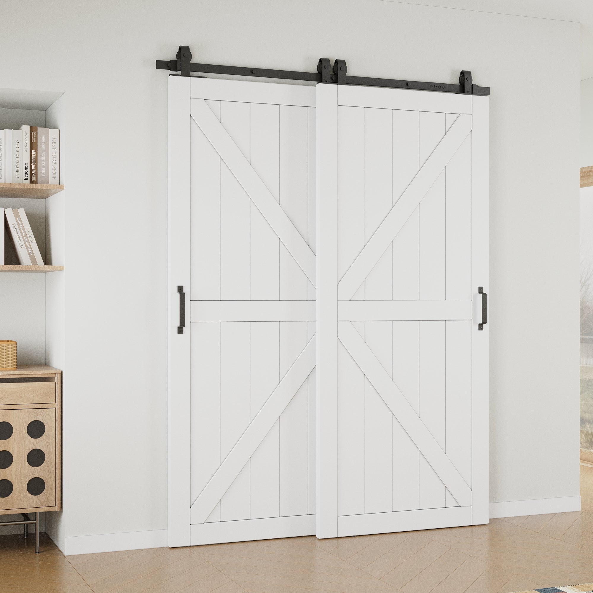 Ark Design Bypass Barn Door, K-design, Solid Core MDF & Pre-finished & Paintable Surface, With Hardware Kit Bypass, White
