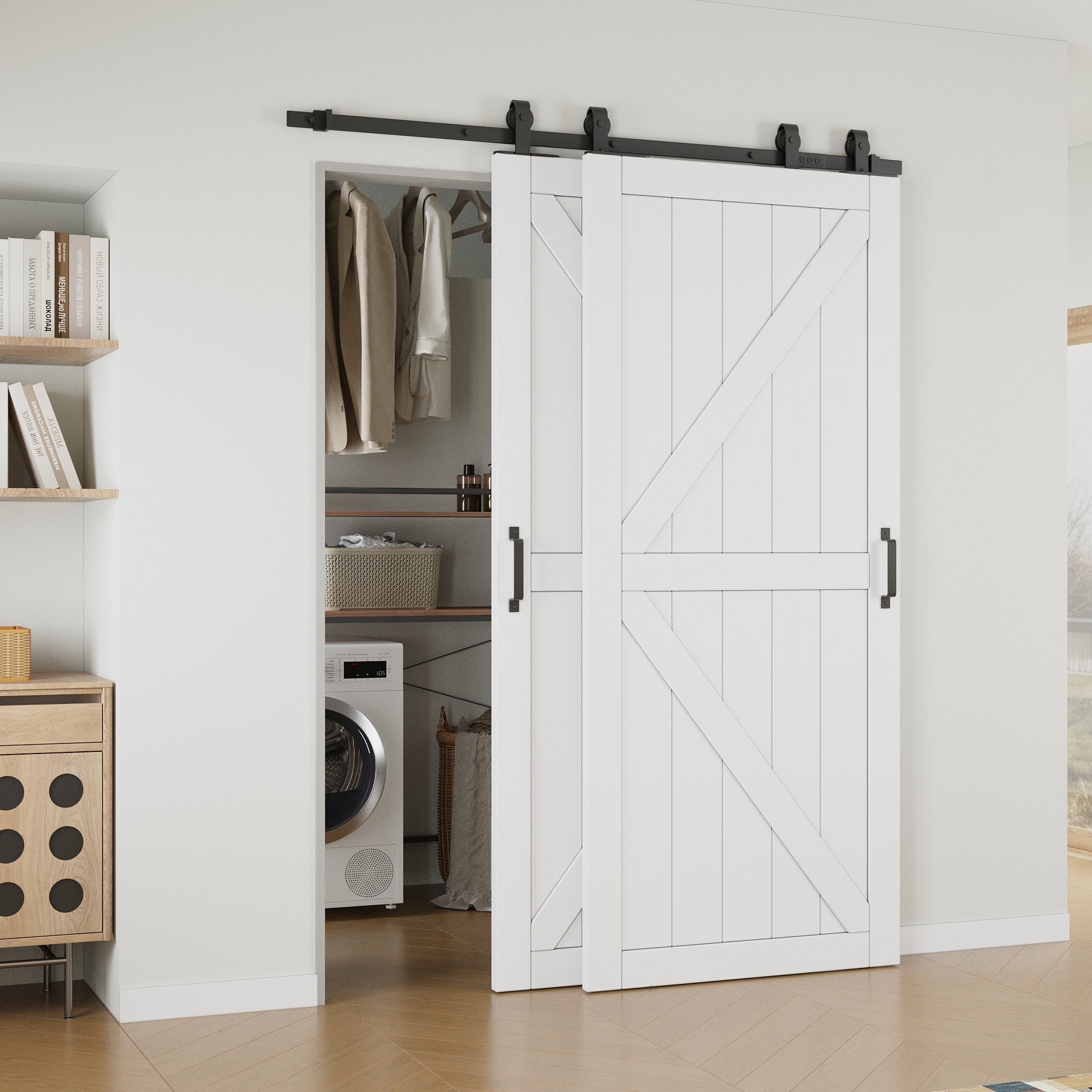 Ark Design Bypass Barn Door, K-design, Solid Core MDF & Pre-finished & Paintable Surface, With Hardware Kit Bypass, White