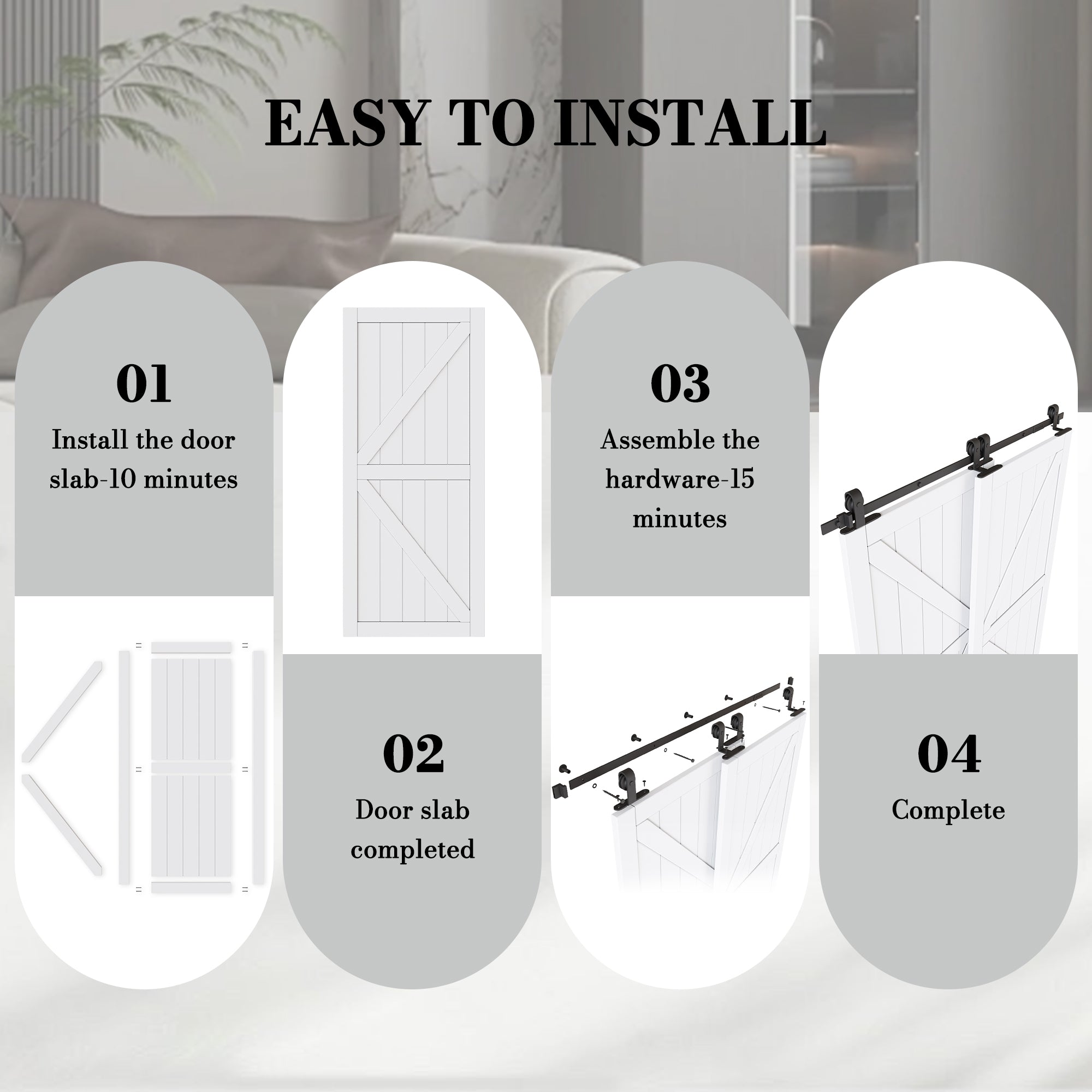 Ark Design Bypass Barn Door, K-design, Solid Core MDF & Pre-finished & Paintable Surface, With Hardware Kit Bypass, White