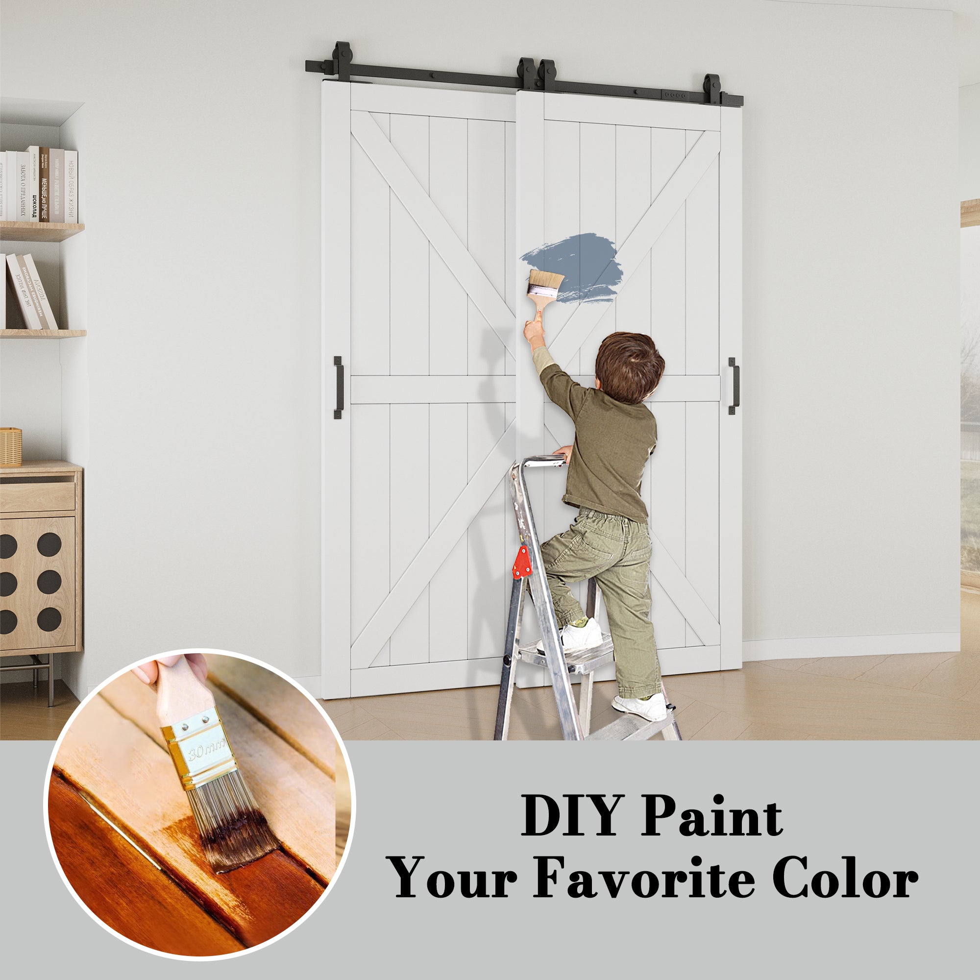 Ark Design Bypass Barn Door, K-design, Solid Core MDF & Pre-finished & Paintable Surface, With Hardware Kit Bypass, White